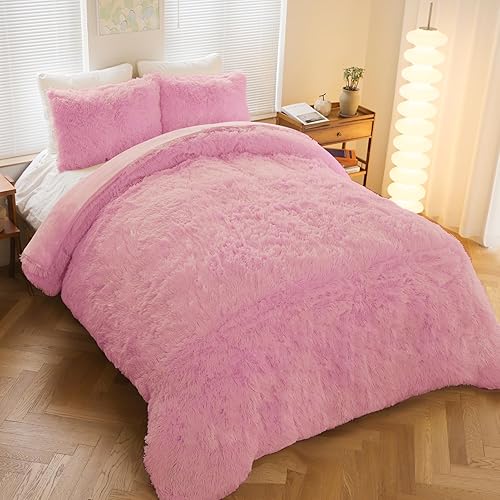 Miniatura 9 de Juego de edredón lanudo tamaño Queen, juego de edredón de piel sintética rosa con 2 fundas de almohada, juego de edredón de lujo lavable de felpa