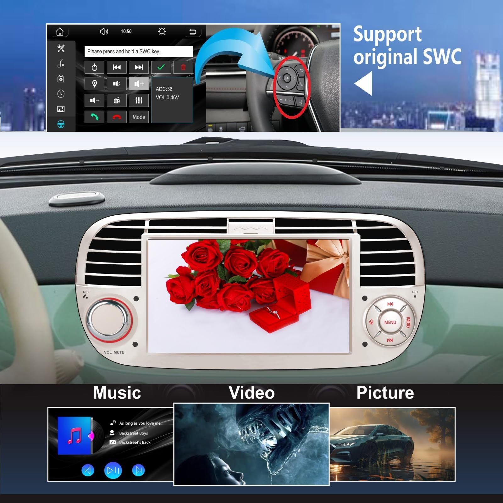 Wireless Carplay und Android Auto Autoradio für FIAT 500 2007-2015, Mirror Link Bluetooth 5.0 mit 7 Zoll Touchscreen RDS AM/FM USB DSP High Power Subw EQ SWC (Weiß)