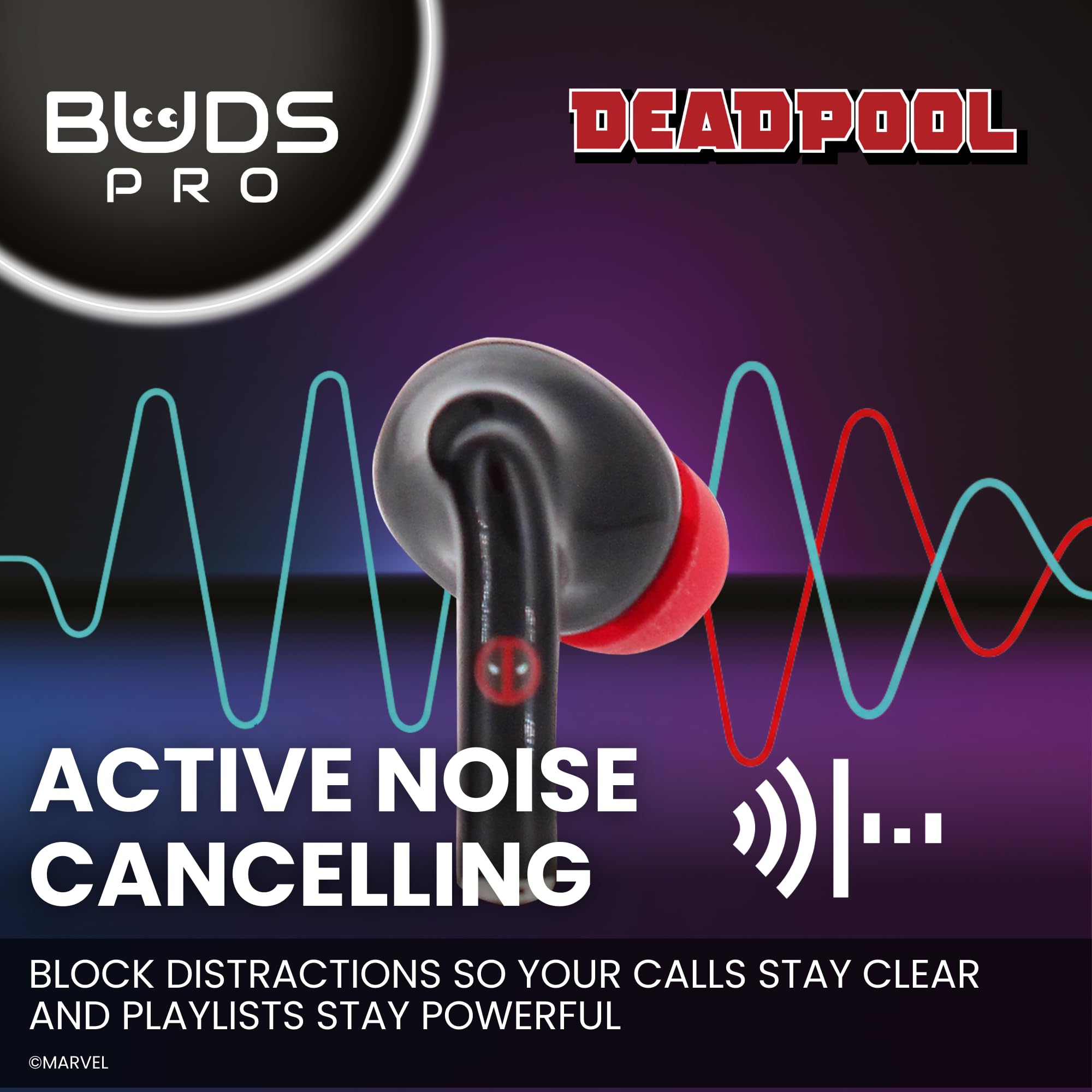 Buds Pro Marvel Deadpool Auriculares inalambricos Bluetooth y Soporte movil - Cascos inalambricos in ear con microfono, 28+ horas de reproducción, Auriculares cancelacion ruido con certificación IPX4