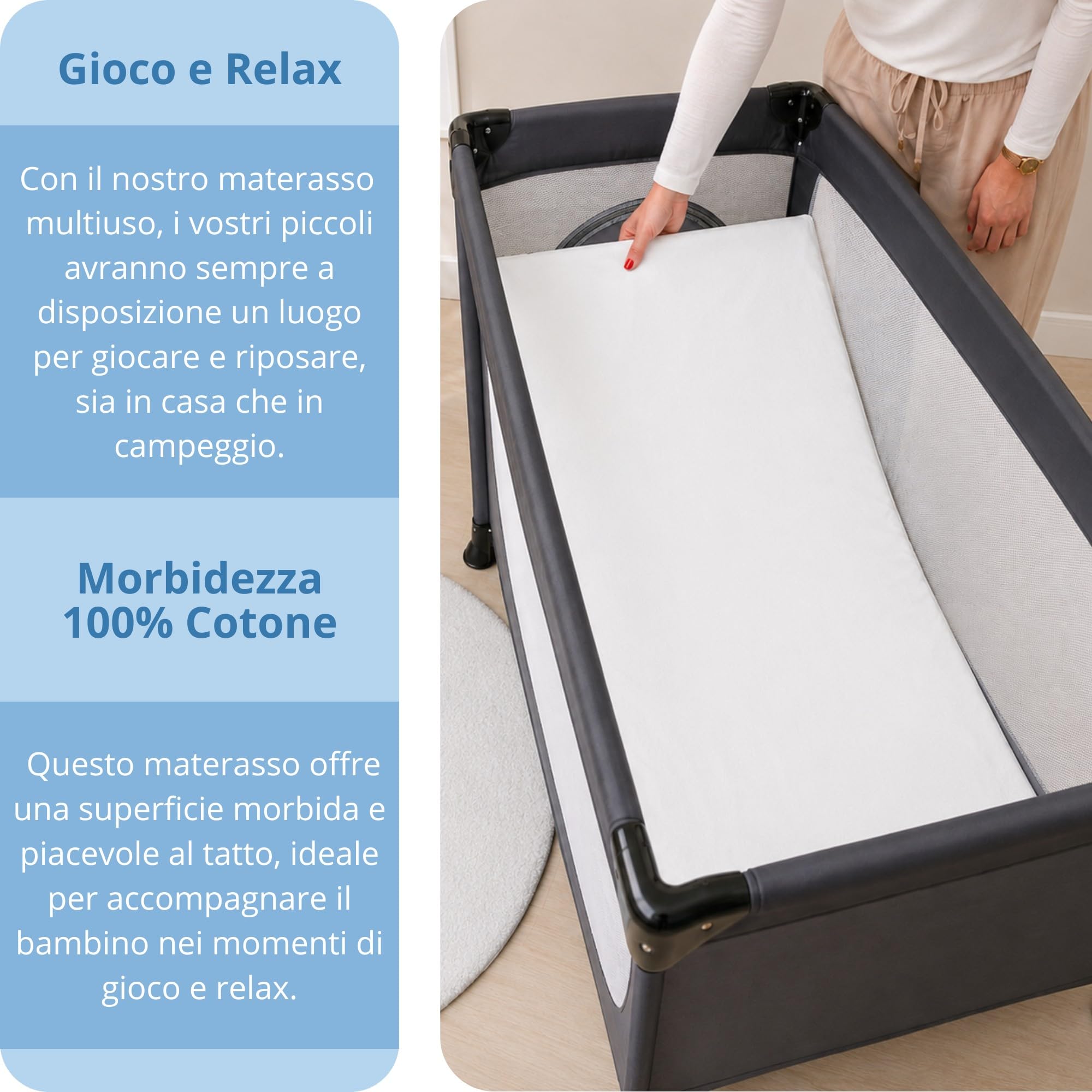 Materasso Lettino Campeggio Sfoderabile Pieghevole 60x120x4 EN16890:2017 Federa 100% Cotone Oeko-tex Certipur