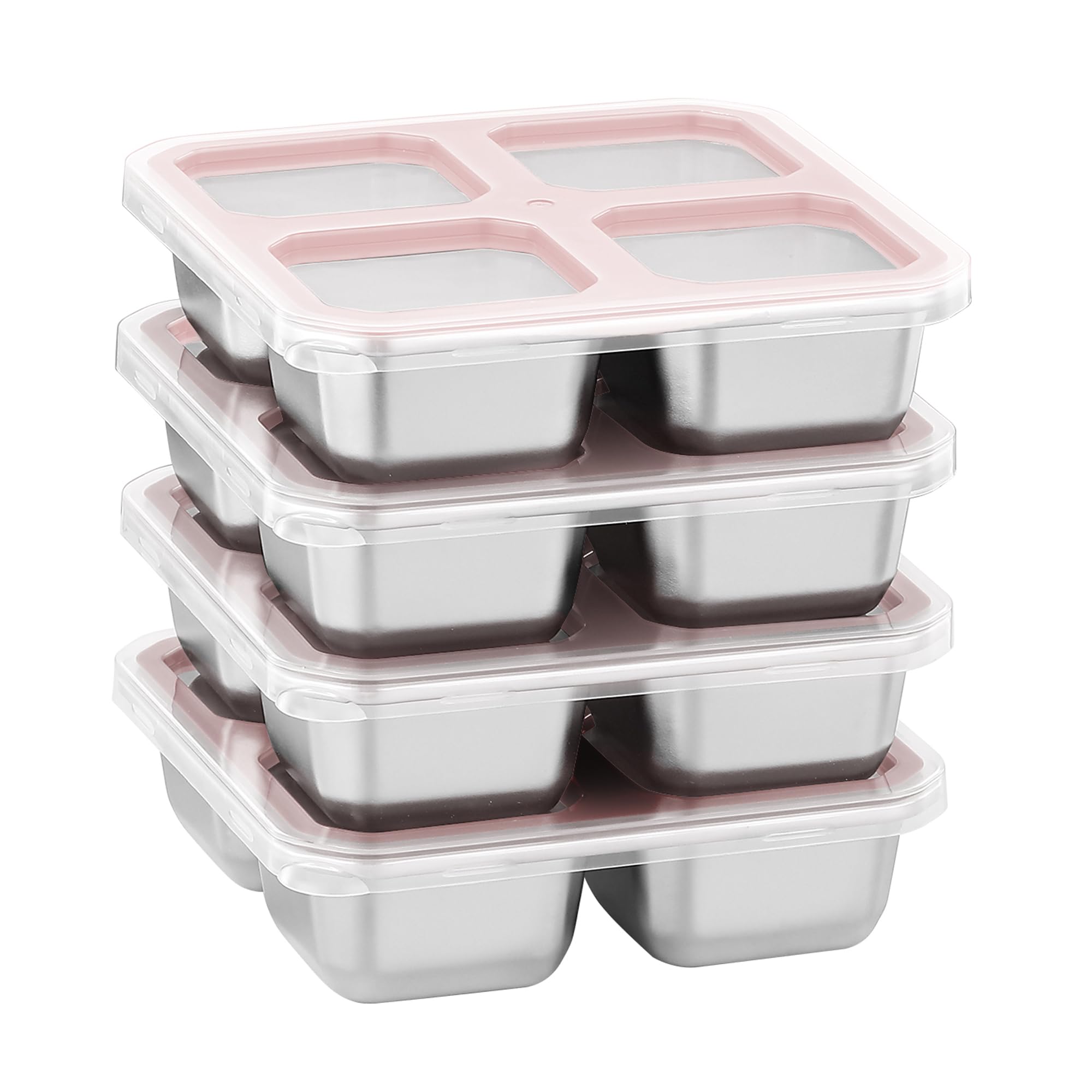 Misichao Stainless Steel Snack Box with 4 Compartments Bento Lunch Snack Containers for Kids Adults Reusable Meal Prep Containers Food Storage Containers with Transparent Lids (4, Pink)