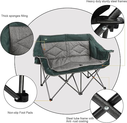 Miniatura 6 de Northroad Silla plegable para camping, portátil, doble dúo, silla de jardín acolchada completa para sofá de 2 personas con 2 portavasos para copas