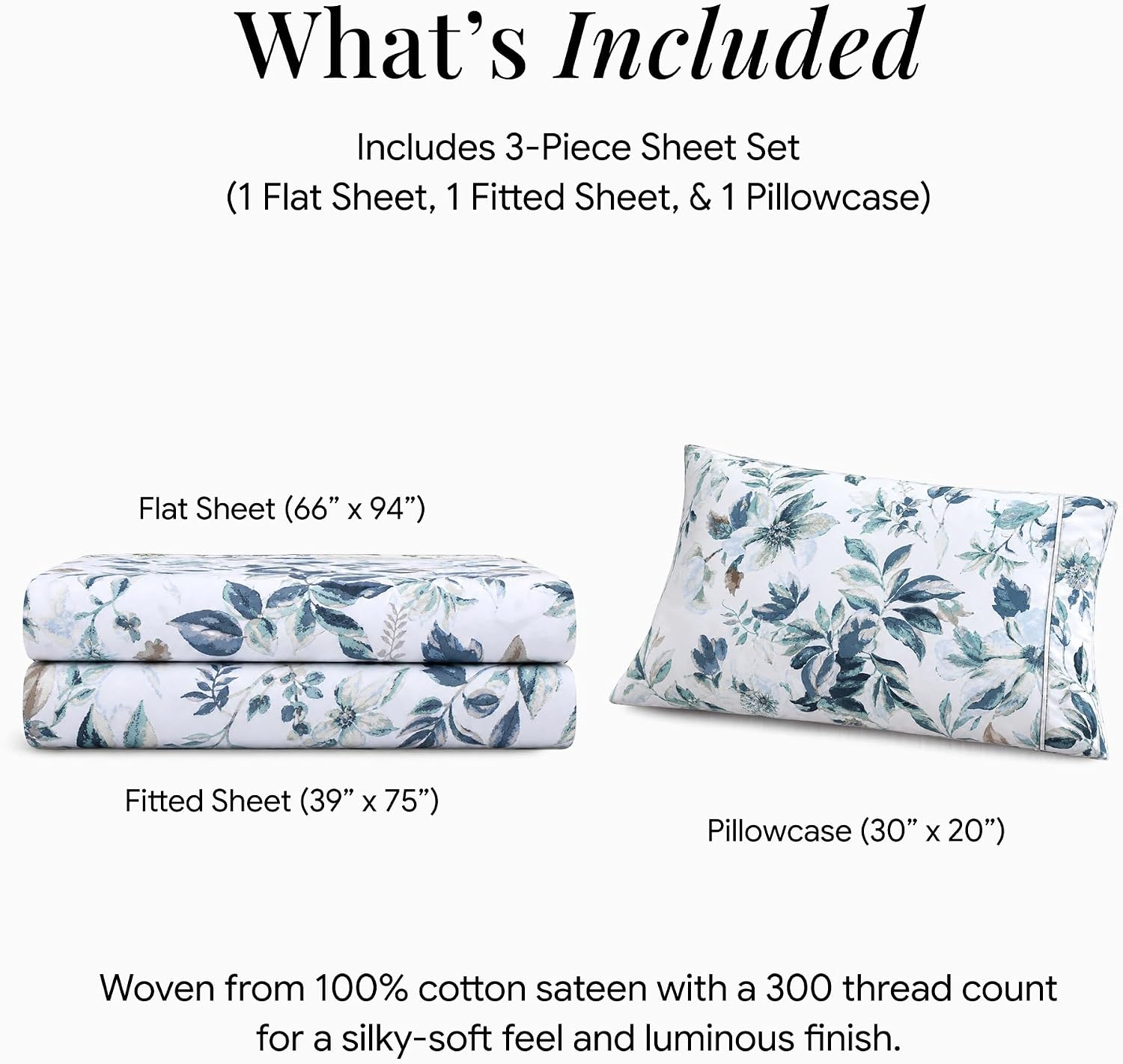 Tribeca Living Deep Pocket Twin Size Sheet Set - 300 Thread Count Cotton Sateen Sheets with 22-Inch Extra Deep Pockets, Oeko-Tex Certified, 3 Bedding Set in Vernazza Blue/Multi Print