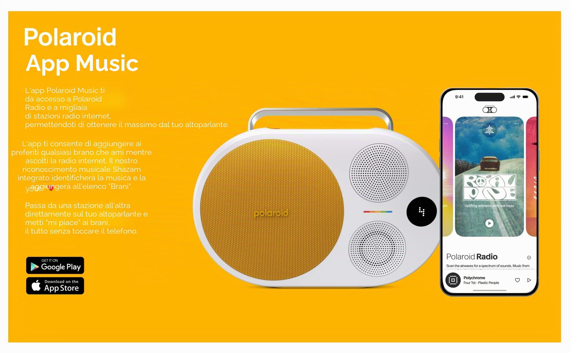 Polaroid Lettore musicale P4 (giallo) - Potente altoparlante Bluetooth wireless per grandi stanze ricaricabile con doppio accoppiamento stereo