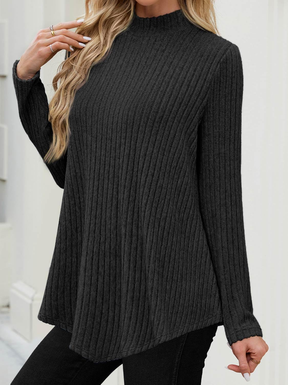 JUSTFASHIONNOW Mock Turtleneck Tops for Women Cozy Sweaters Trendy Long Sleeve Shirts Tunic Tops to Wear with Leggings - Image 5