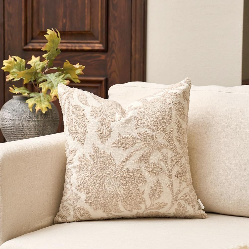Yangest Chenille Floral Pillow Cover 18 x18 Inches, Neutral Jacquard Square Throw Pillow Cover Soft Decorative Nature Accent Couch Pillow Cover for Living Room Bedroom, Beige Beige 18" x 18" (Pack of 1)
