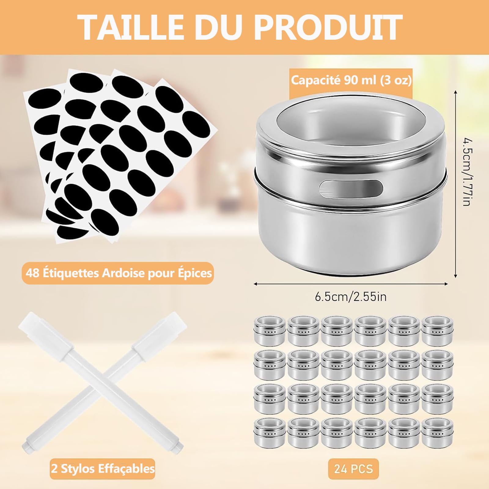 Lot de 24 Pots à Épices Magnétiques avec Couvercles, Bocaux Assaisonnements en Acier Inoxydable pour Réfrigérateur avec 48 Étiquettes et 2 Marqueurs pour Cuisine Frigo