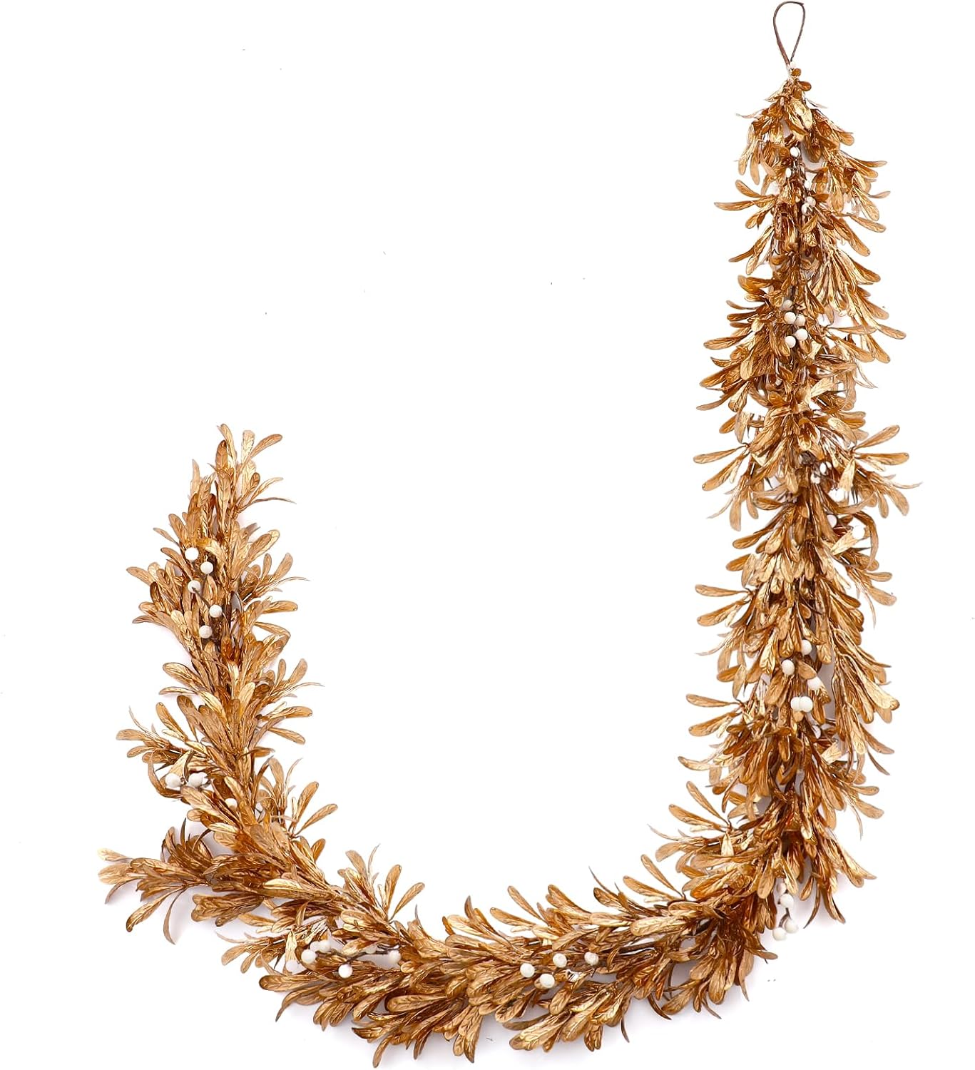 Dingion 6 Ft Christmas Gold Leaf Garland Artificial Boxwood Leaf Garland with Pearl White Berry for Christmas Fireplace Front Door Stairs Decoration Winter Engagement Birthday Wedding Party Supplies 6ft