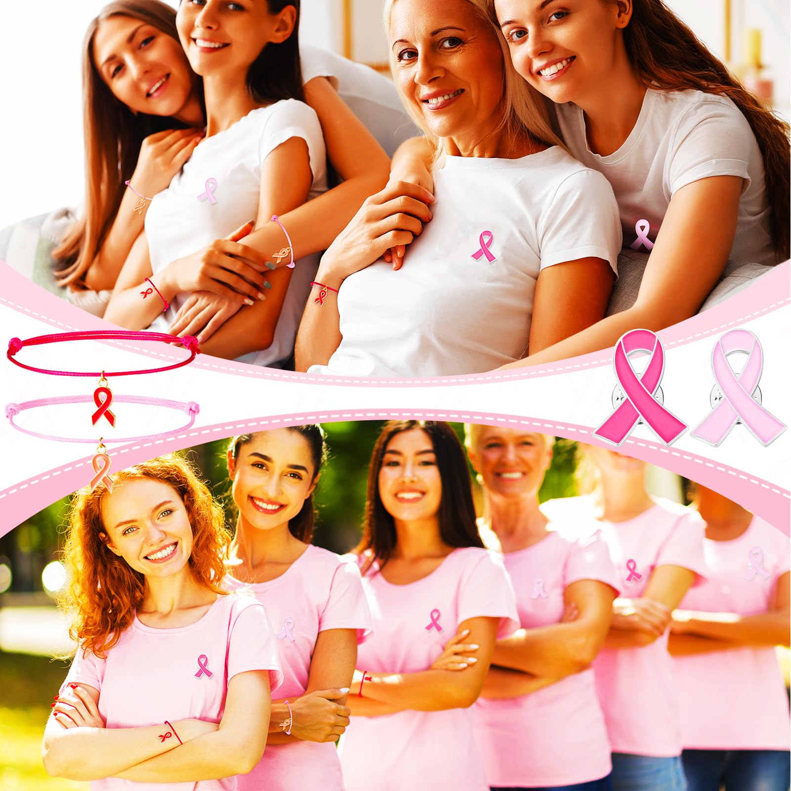 Huquary 100 spille per la sensibilizzazione sul cancro al seno, braccialetto intrecciato con nastro regolabile, spilla smaltata, accessori ispiratori, regalo per donne, combattente contro il cancro