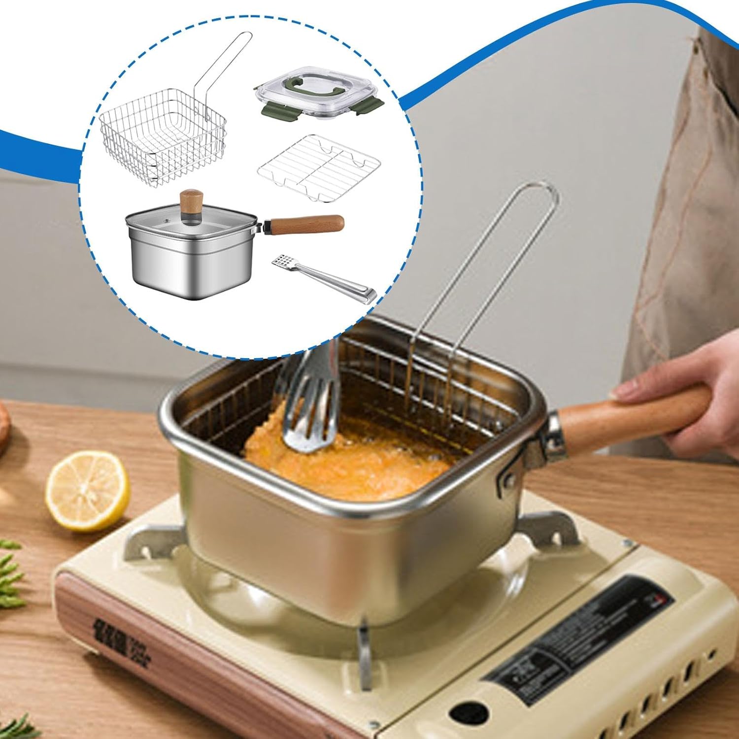 Mini Deep Fryer Pot Frying Serving Basket Outdoor Multifunctional with Handle Lid Fryer with Basket for Chicken French Fries
