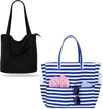 Iioscre Corduroy Tote Bag for Women,Tote Bag with Zipper,Beach Bag for Women Large Beach Tote Bag Waterproof Sandproof