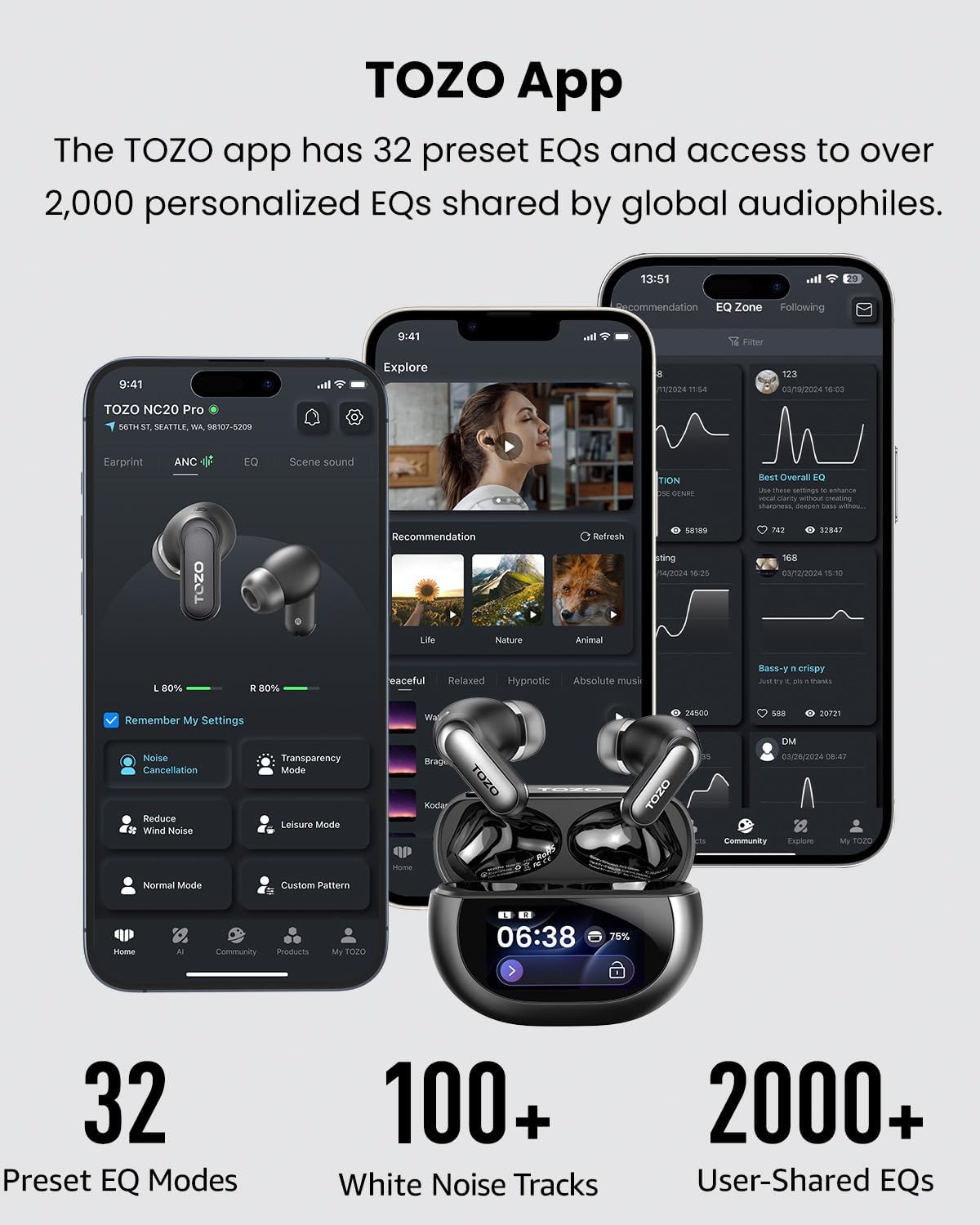TOZO App interface showing EQ settings and other features