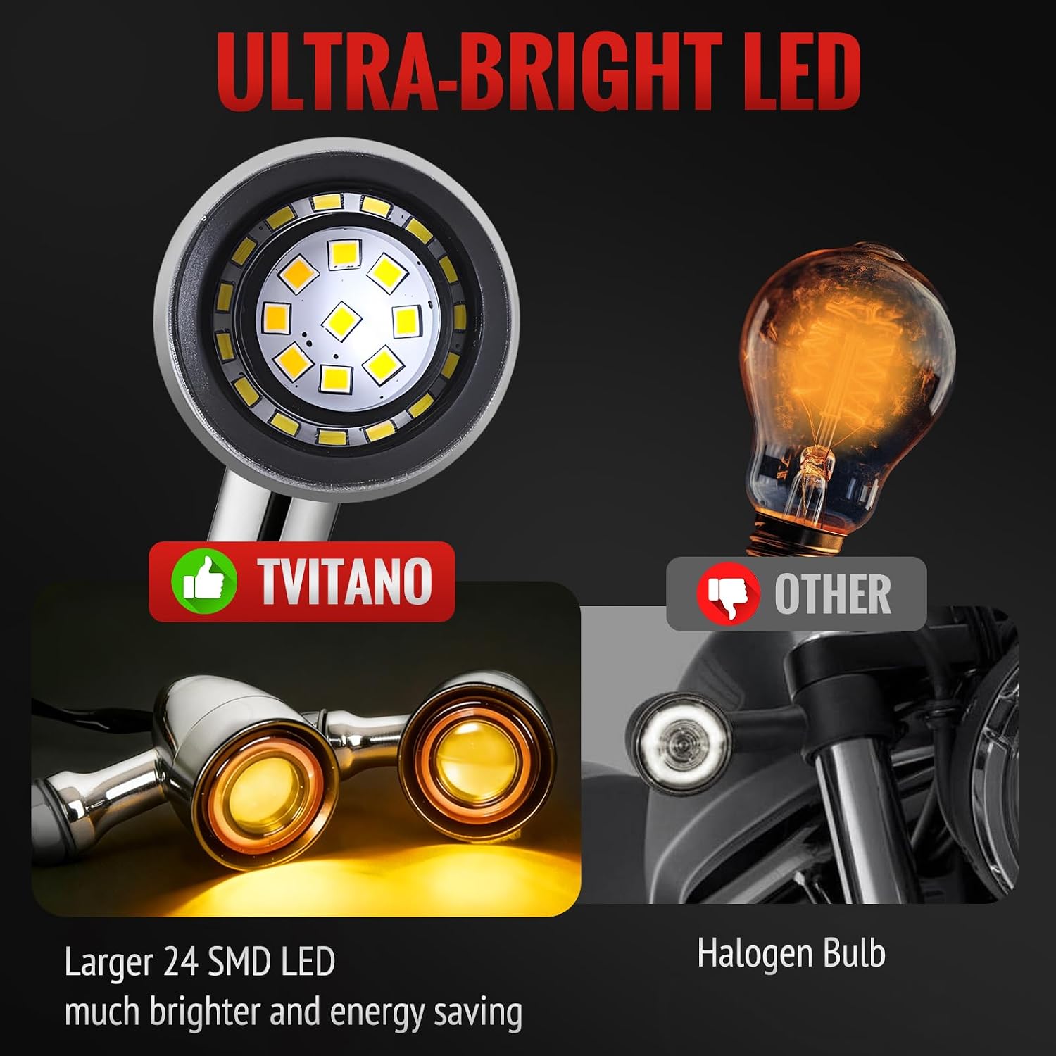 Motorcycle Bullet Turn Signals -2 PCS LED Front Lights, SMD Blinker White Amber Light Wireless Indicator Compatible With Honda Yamaha Suzuki Kawasaki Harley Sportster Dyna (Chrome