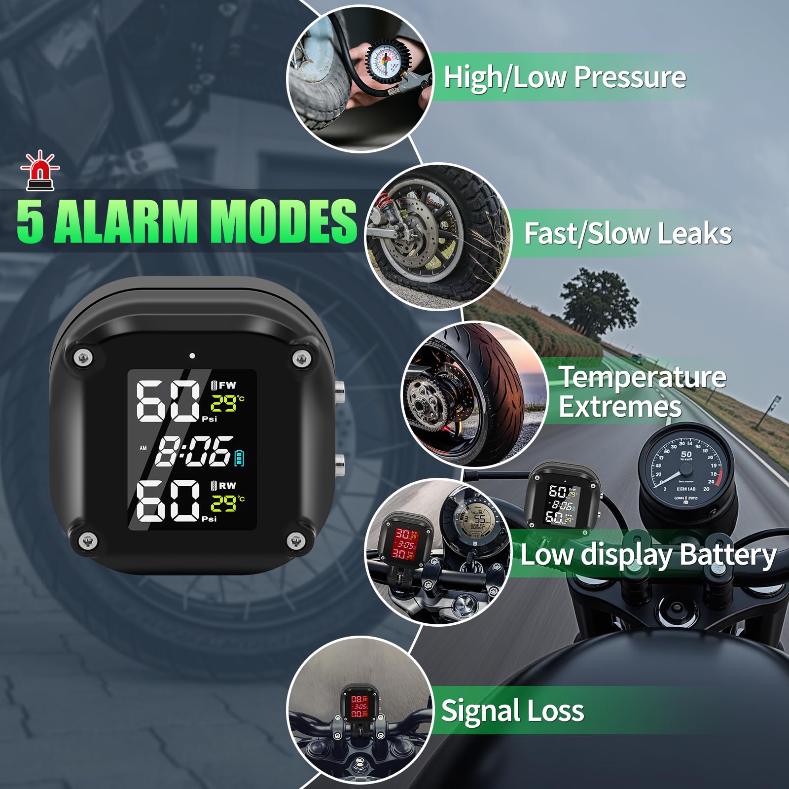 TPMS Système de Surveillance de la Pression des Pneus pour Moto, 5 Modes D'alarme, Recharge USB Magnétique, Conception étanche IP67, avec 2 Capteurs Externes sans Fil