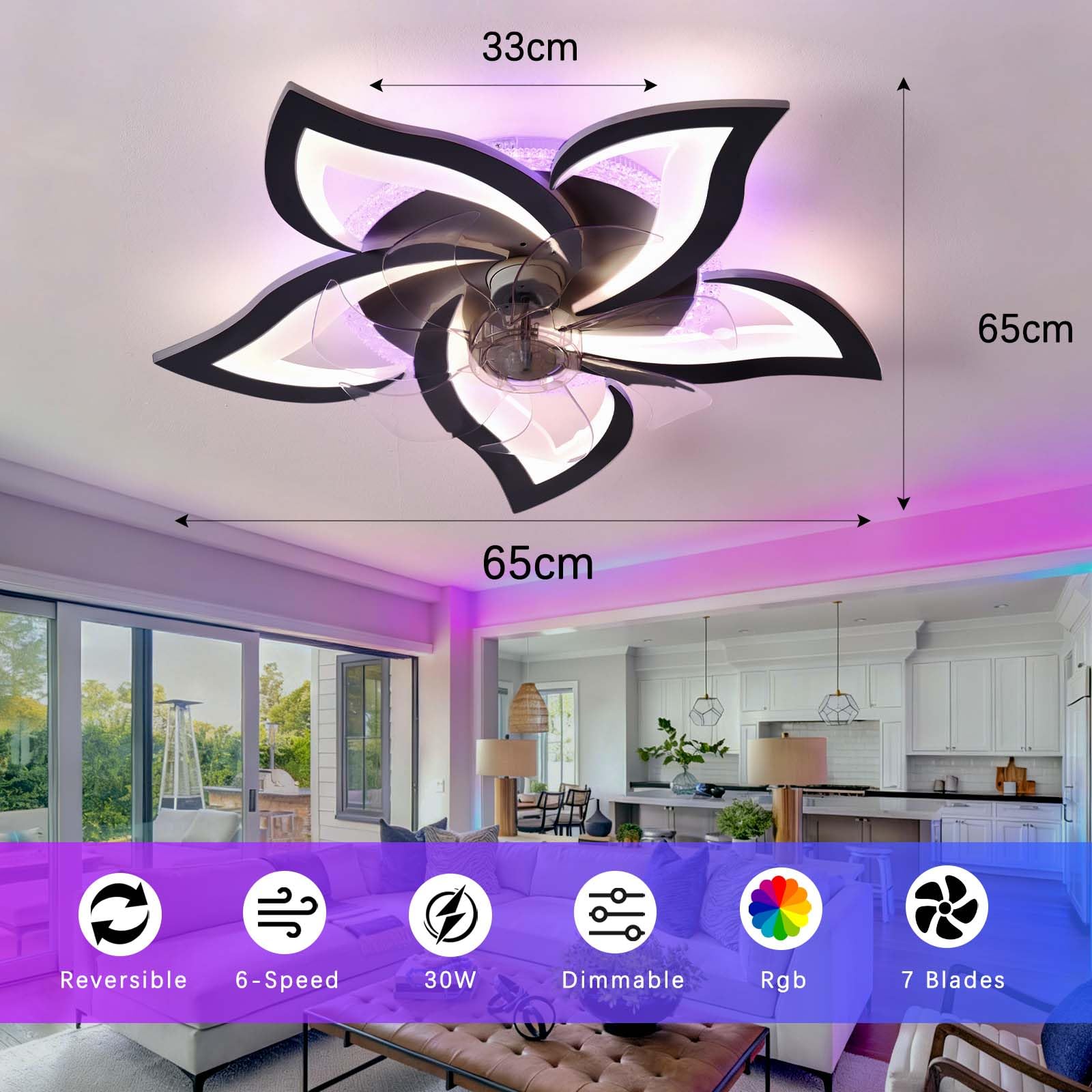 Wentylator Sufitowy z OśWietleniem LED RGB i Funkcją śCiemniania, Wentylator z Timerem, 6-Biegowy, Odwracalny, Cichy, do Salonu, Sypialni i Pokoju Gier-Black