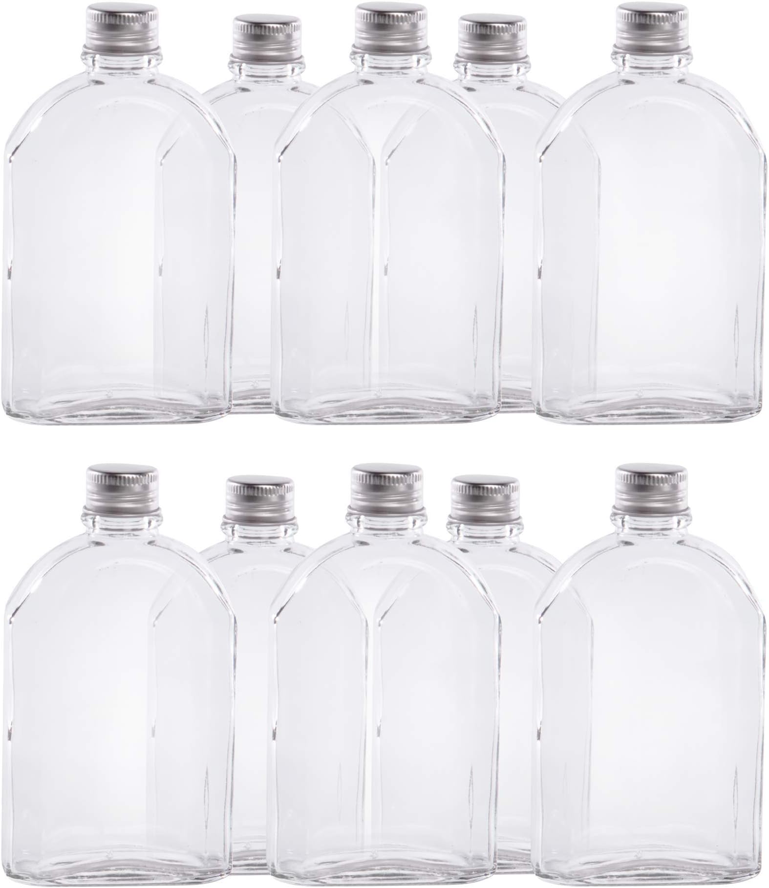 Mini Glass Flask Bottles 350ml โ Pack of 10 Screw Cap Sample Bottle for Cocktails, Spirits, Oils, Flavours, Wedding Favours & Gift Sets โ Airtight Thick Glass Bottles