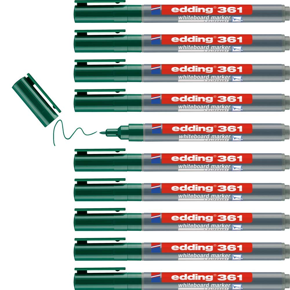 edding 361 marcador para pizarras blancas - verde - 10 rotuladores - punta redonda 1 mm - rotulador para pizarra blanca, borrado en seco - pizarra blanca, flipchart, tablón de notas - recargable