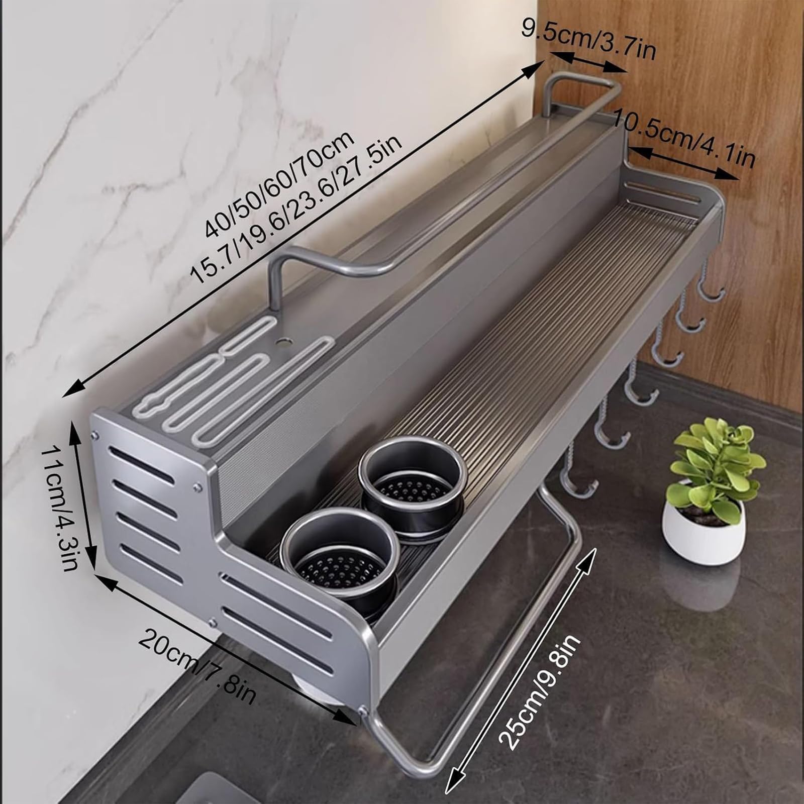 Organizador de Especias de Metal con Soporte para Utensilios y Ganchos para Toallas de Papel, Estante de Especias montado en la Pared, para Especias y Botellas de condimentos,A,L40cm