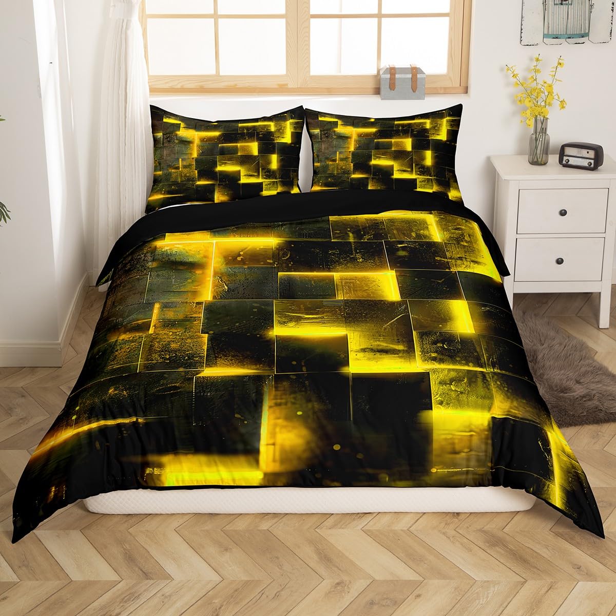 3D Geometrische Bettwäsche Sets 135x200 - Abstrakte Ästhetische Bettbezug, Schwarz und Gelb Bett Set Mit Glühenden Futuristischen Würfeln, Neon Gitter (Schwarz Reversibel)