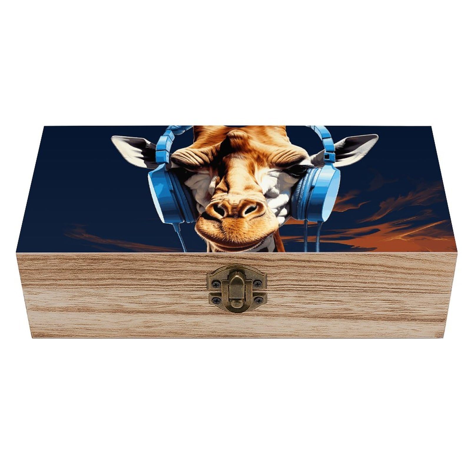 Wooden Storage Box Giraffe Wearing Headphones Wood Gift Box with Hinged Lid Vintage Decorative Jewelry Boxes Memory Box for Jewelry Art Hobbies Home Storage Treasure Keepsake Gift 7.9''x3.9''x2.3''