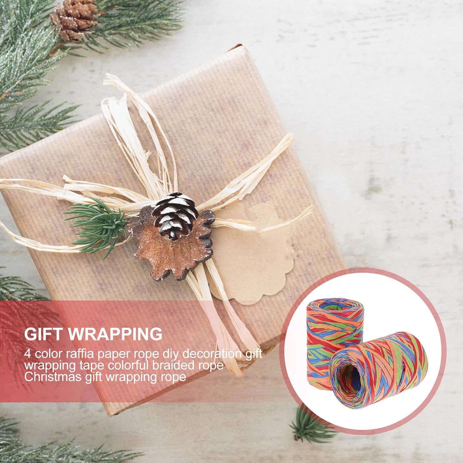 2 Rolls Colorful Raffia Paper Rope Twine String DIY Craft Wrapping Ribbon for Packaging and Holiday Decoration, Natural Twisted Paper Cord for Arts and Crafts, 80m Each