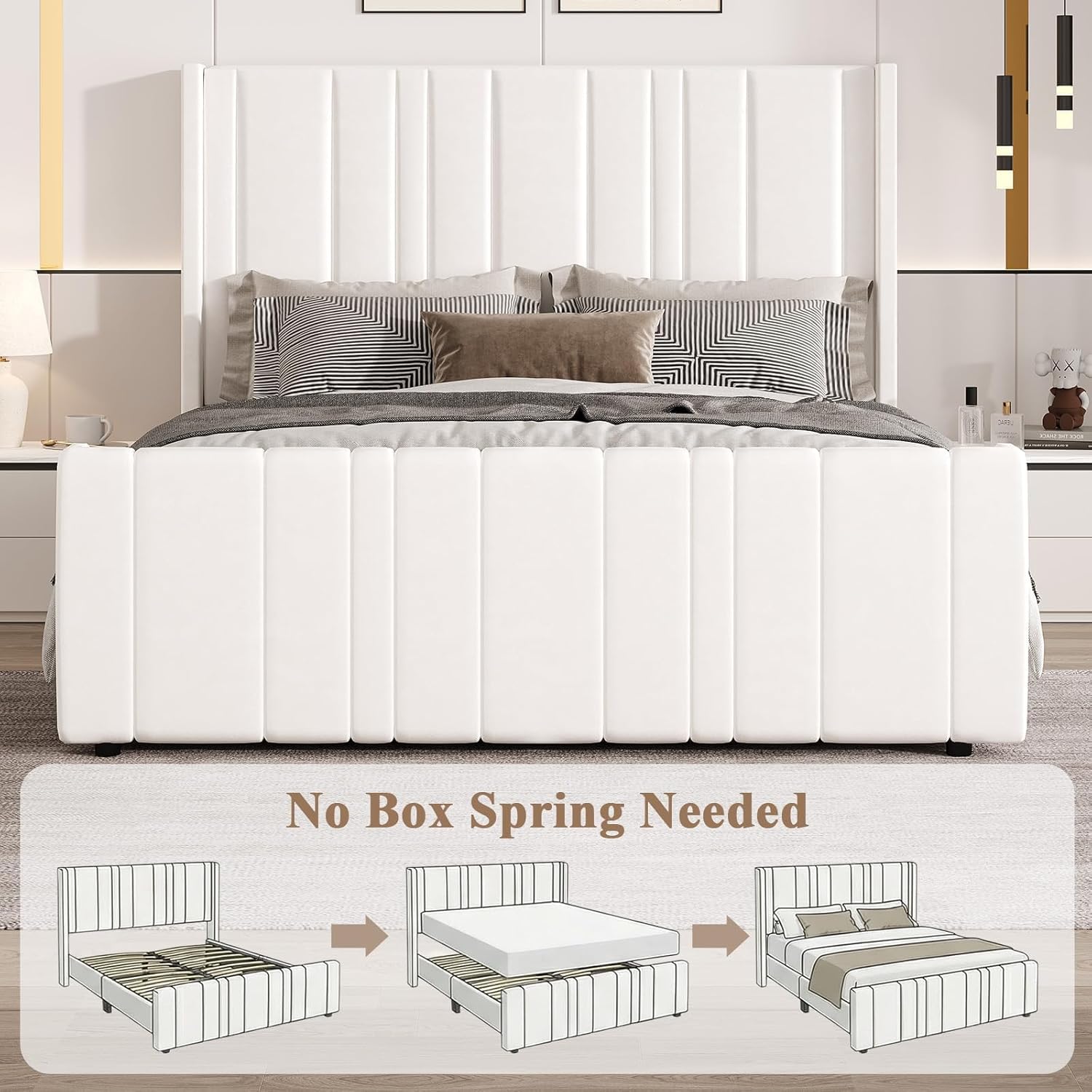 A fully assembled HOMBCK Queen Bed Frame in a bedroom setting, showcasing its upholstered design and low profile.