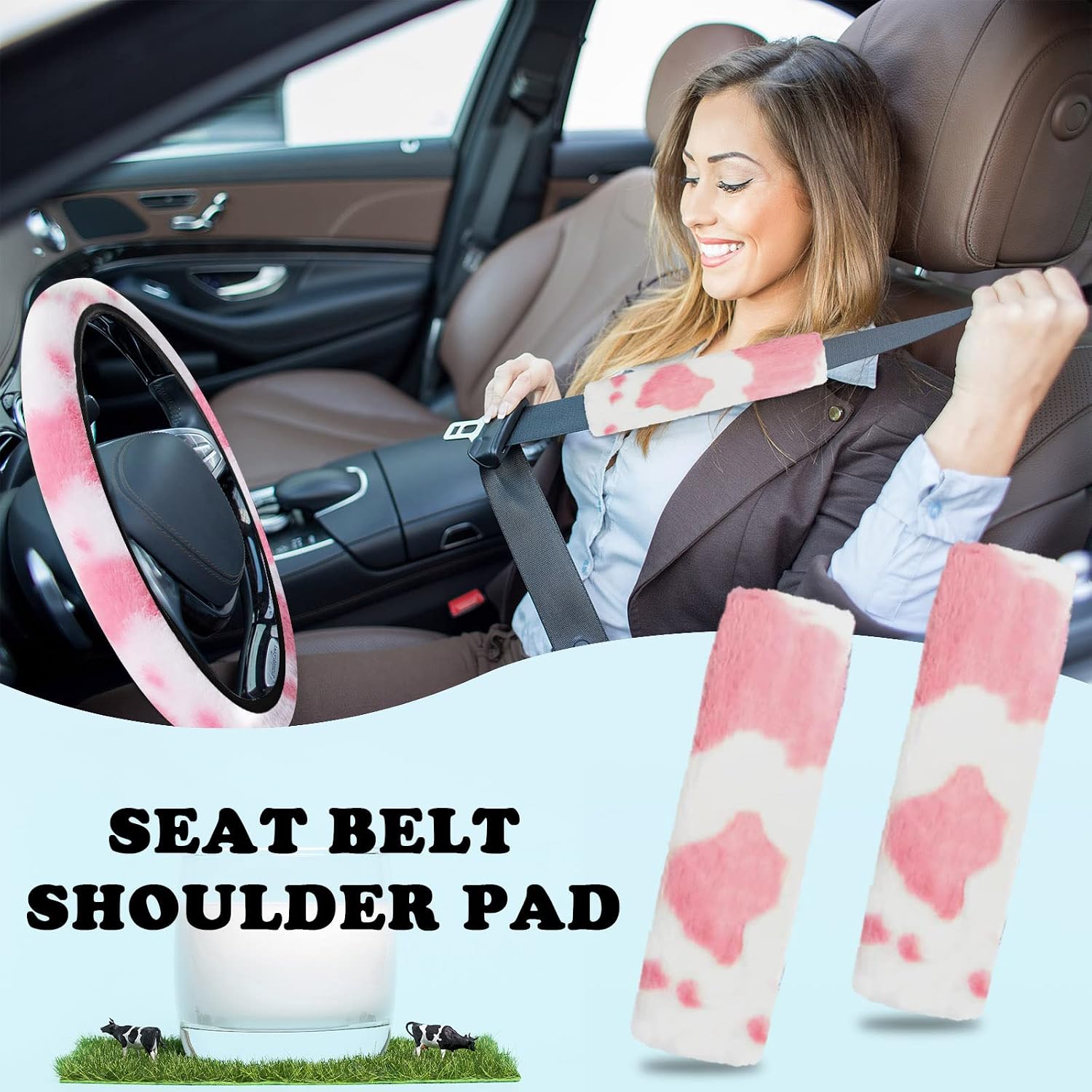 JINGSEN11 Pieces Fluffy Car Accessories Set,Fluffy Cow Print Plush Steering Wheel Covers for Women Soft Fleece Handbrake Cover Shift Cover Car Trim Warm Non-Slip(Pink)
