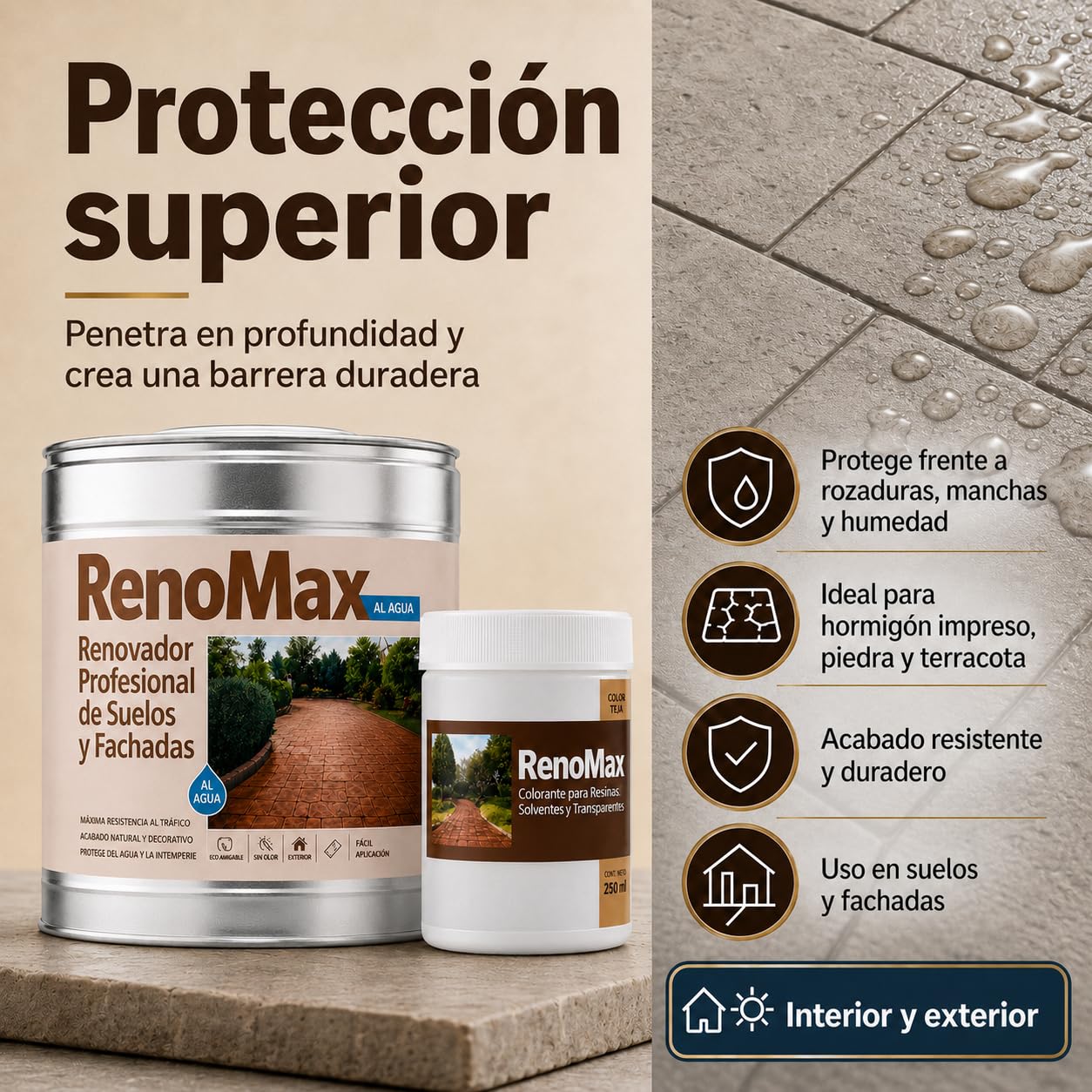 Renomax - Resina Hormigon Impreso y Superficies Porosas Al Agua + Tinte Hormigon Impreso Color Cemento, 5L Cubre hasta 50m² | Repara y Protege Suelos,Fachadas | Fácil de Aplicar, Garantía 5 Años