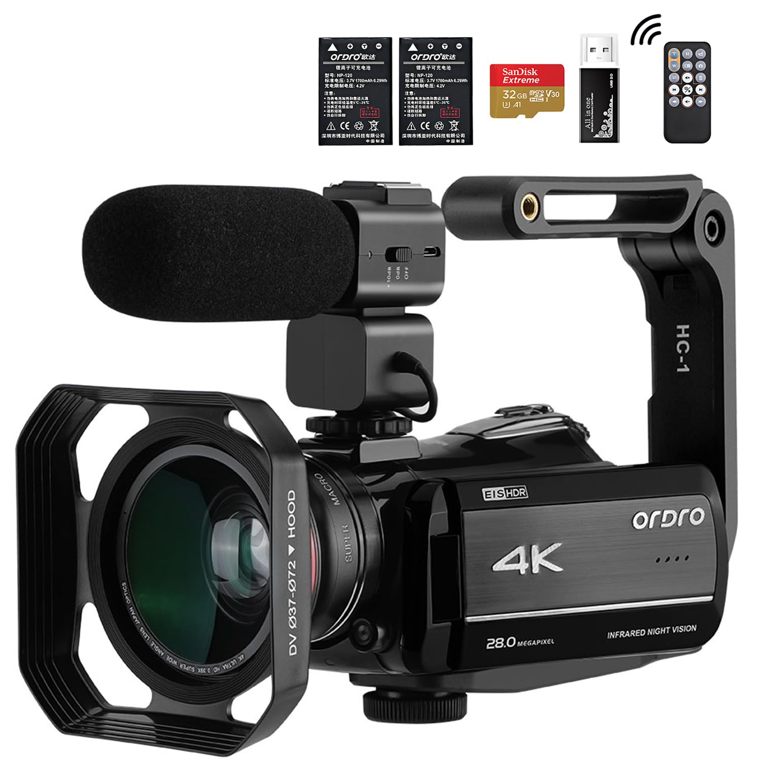 ORDRO Caméscope 4K avec vision nocturne infrarouge, zoom numérique 30x, WiFi, microphone externe et stabilisateur – Caméra de vlogging UHD 30 fps pour YouTube