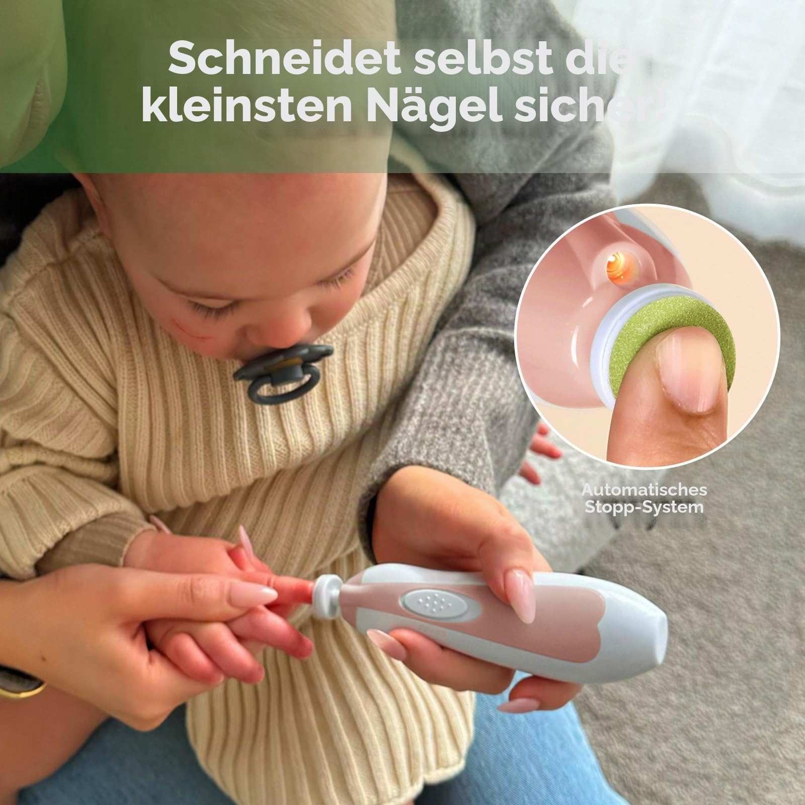 haakaa Elektrischer Baby-Nagelknipser, Baby-Nagelfeilen-Set mit 6 Schleifkopf und LED-Licht für Neugeborene, Kleinkinder Oder Erwachsene, Rosa