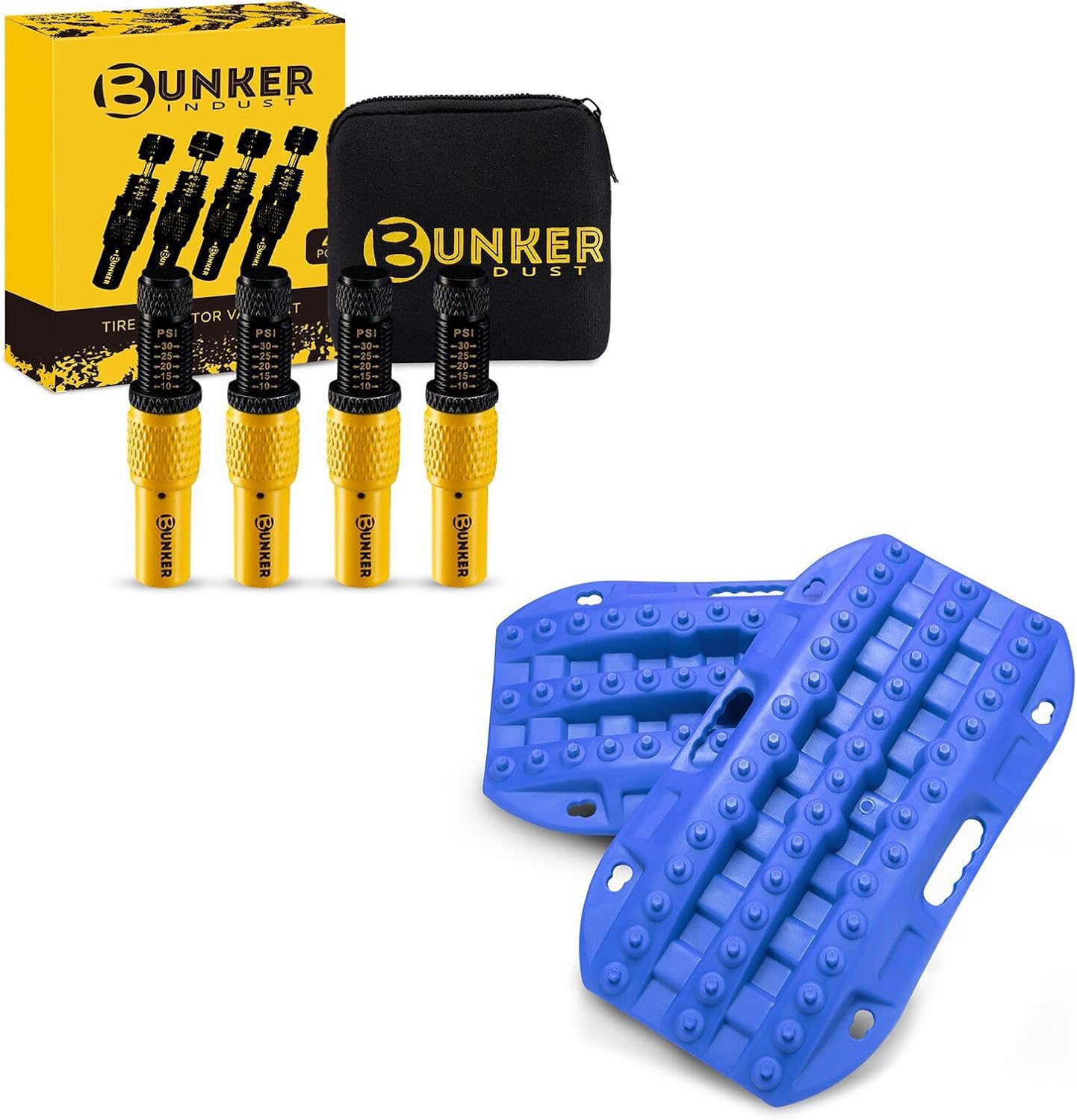 BUNKER INDUST Off-Road Traction Boards + 4 PCS Adjustable Auto-Stop Tire Deflator Valve Kit (10-30 PSI)