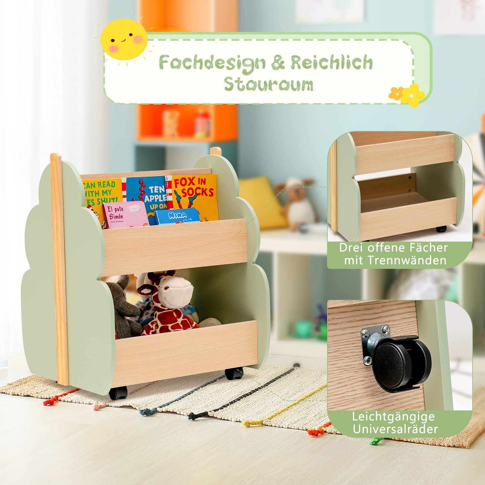 COSTWAY Kinder Bücherregal auf Rollen, 2 Ebenen Spielzeugregal aus Holz, 52 x 46 x 62,5 cm (Grün)