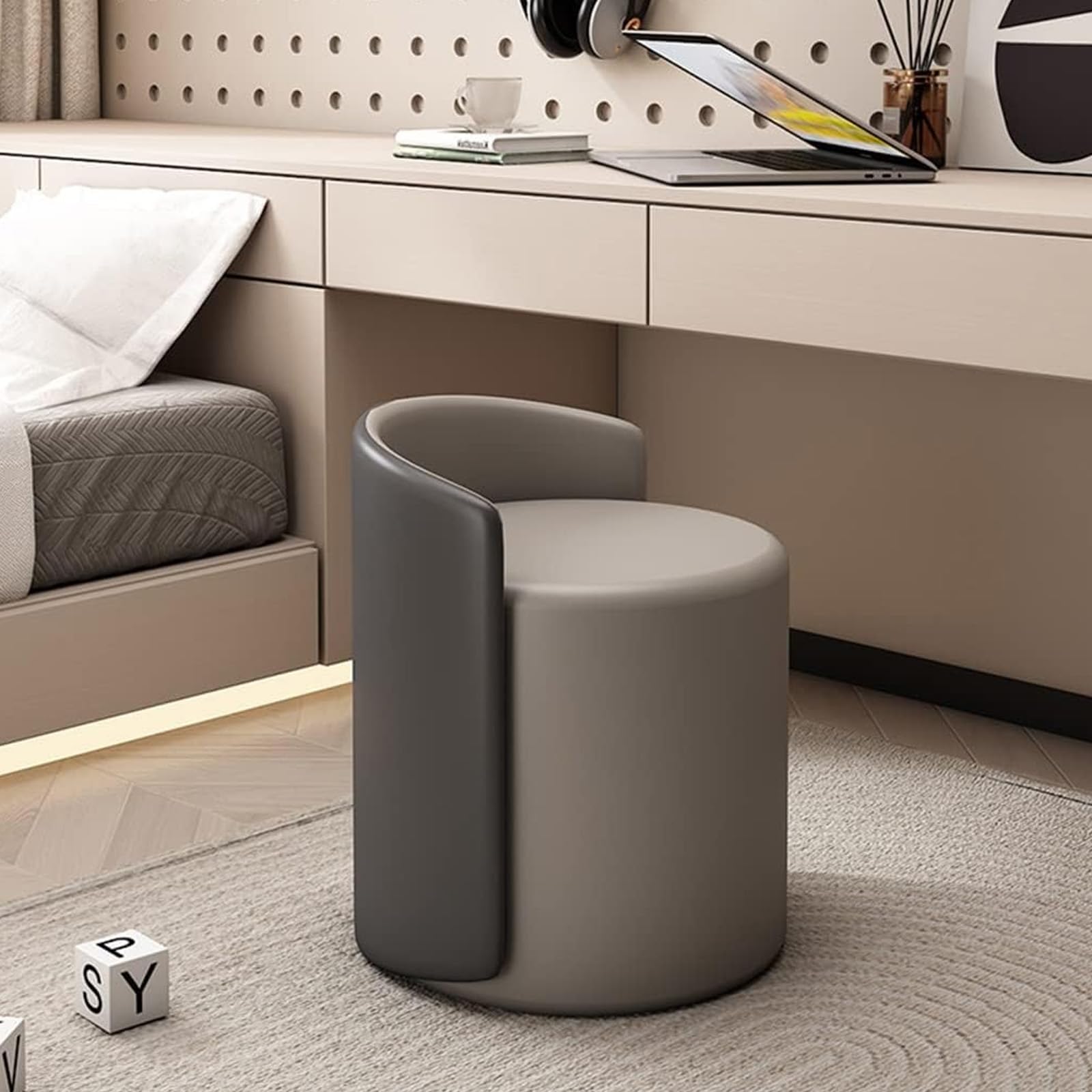 Pouf poggiapiedi Tondo, Sedia Vanity per Sala Trucco Poltrona da Salotto e Camera da Letto Poltroncina per Salotto con Seduta Morbida Imbottita 37 * 55 * 44cm,off White