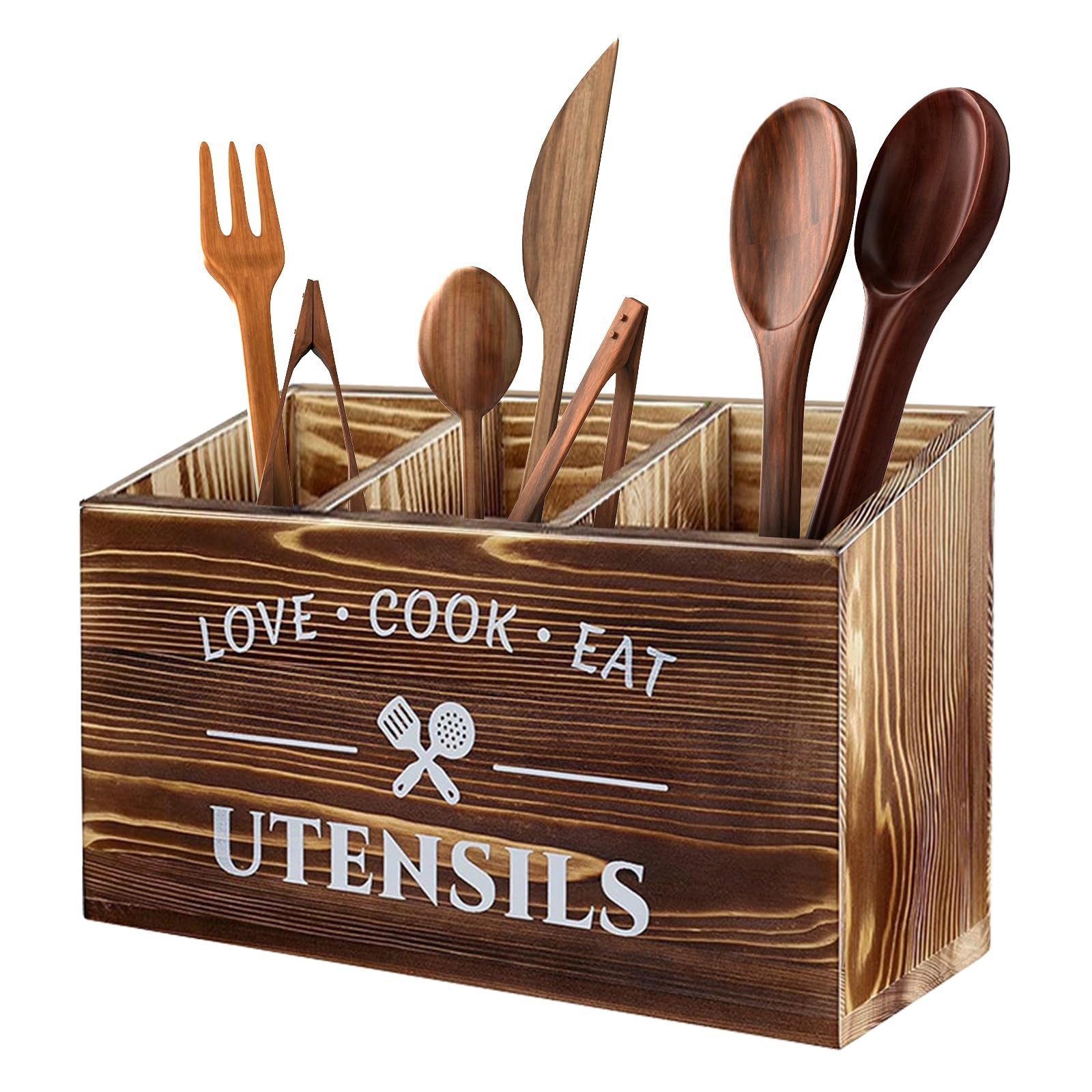 Organizer Da Cucina,3 Scomparti Per Utensili Da Cucina In Legno,Portautensili Da Cucina In Legno,Organizer Per Utensili Da Lavoro, in legno rustico (Marrone)