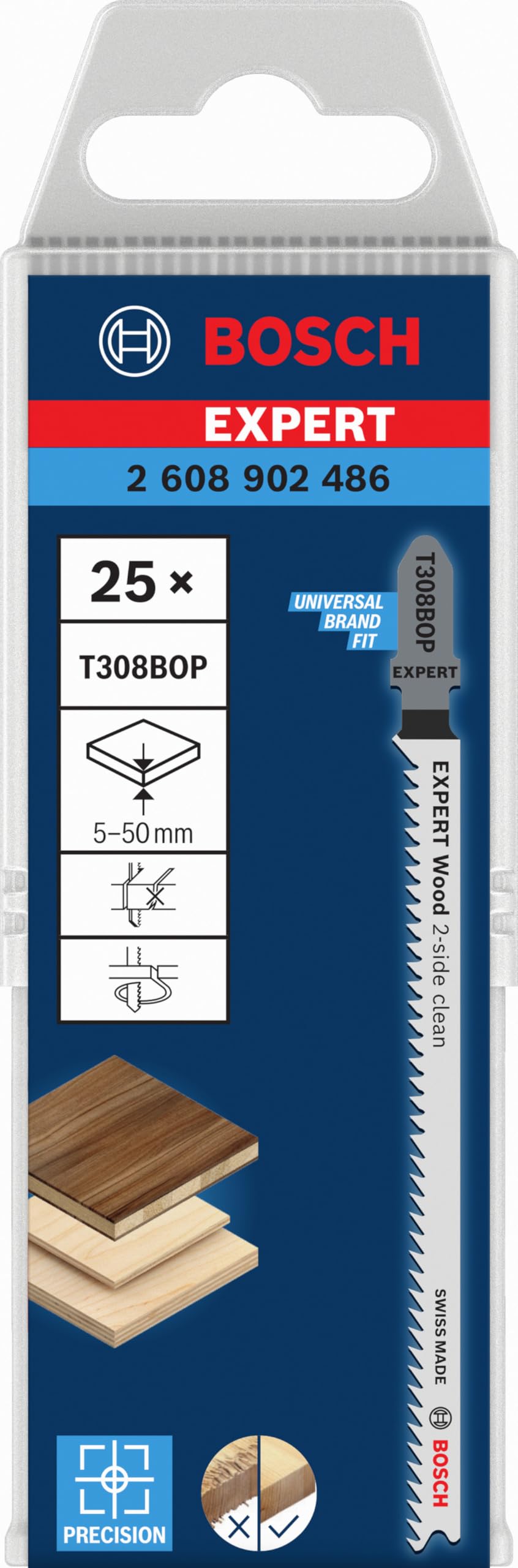Bosch 25x Lama per seghetto alternativo EXPERT Wood 2-side clean T308BOP (per Pannello per mobili in legno massiccio, Compensato, Lunghezza 117 mm, Professional Accessorio Seghetto alternativo)