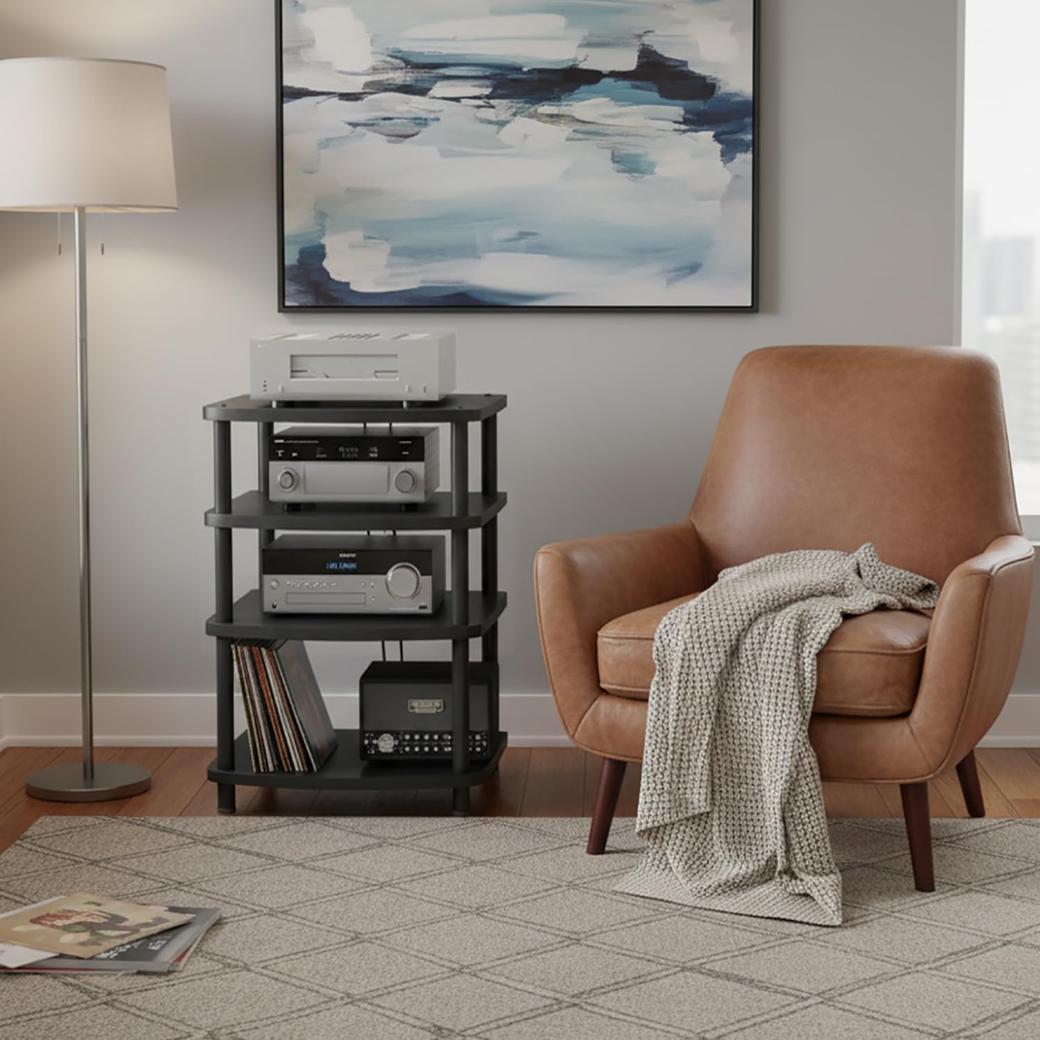 4 Tier AV Media Stand, Audio Rack Tower Adjustable Height, TV Game Console Equipment Shelf, CD Record Player Stereo Component Rack Cabinet for Home Theater Studio (Black)