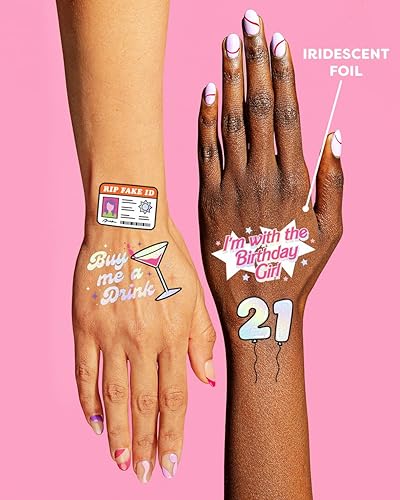 Miniatura 4 de xo, Fetti Decoraciones de fiesta de cumpleaños número 21, tatuajes temporales 48 piezas Divertida fiesta de cumpleaños para niñas, finalmente 21,