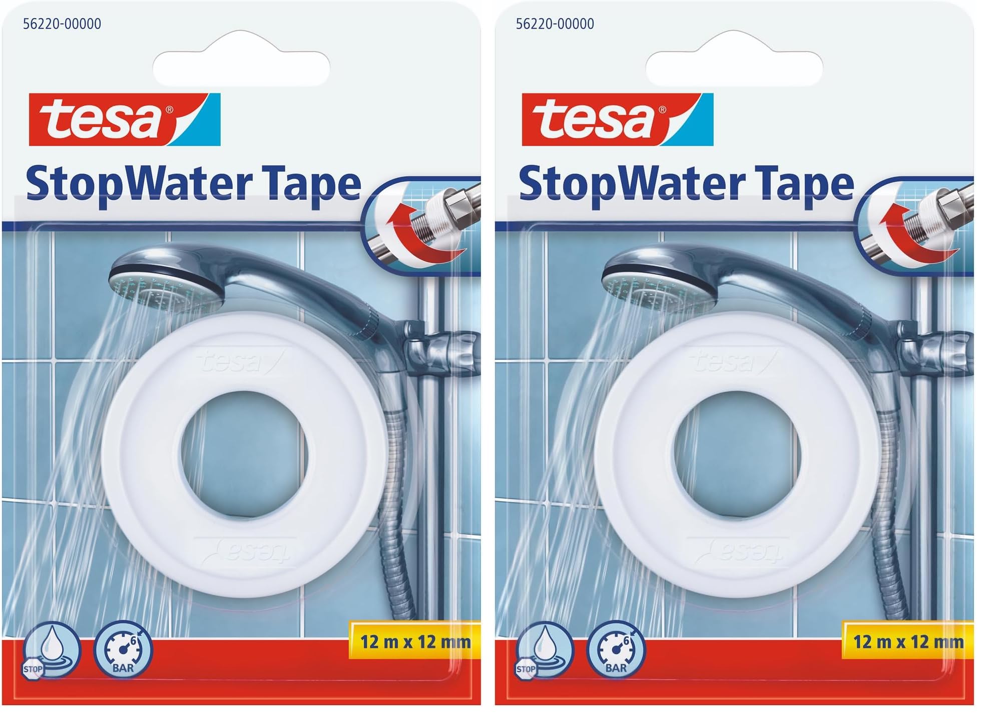 tesa Dichtungsband StopWater, wasserfestes Abdichten, Druckbeständigkeit bis zu 6 bar, einfache Anwendung, 12m x 12mm, weiss (Packung mit 2)