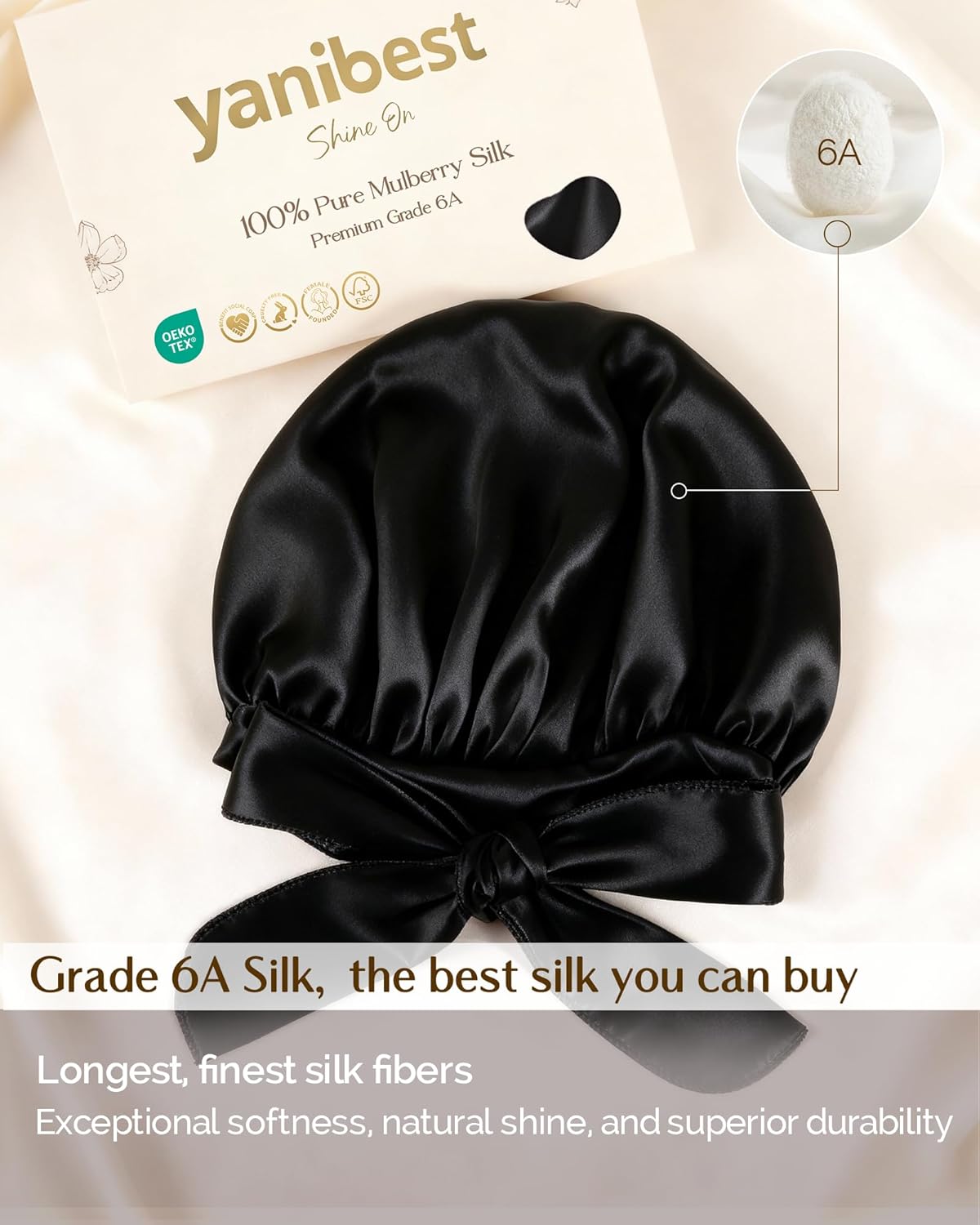 YANIBEST 22 Momme 100% Mulberry Silk Bonnet for Sleeping Women Double Layer Sleep Bonnet with Tie Band, Sleep Cap