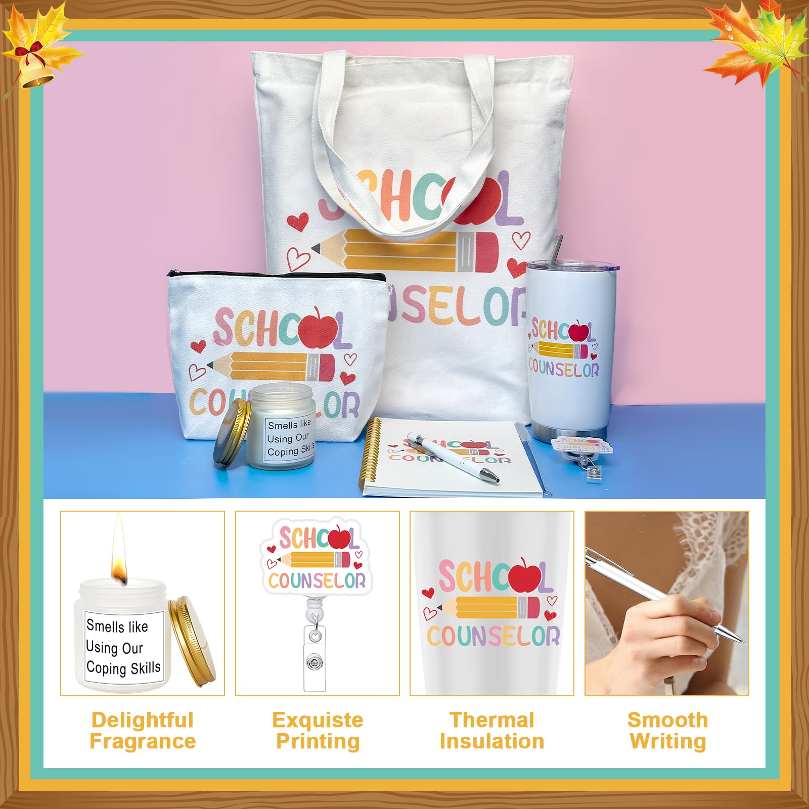 8 Pcs Graduation School Counselor Appreciation Week Gift Set Guidance Counselor Thank You Gifts Include Makeup Bag Canvas Notebook Pen Keychain Tumbler for High School Teacher Educator Office Work