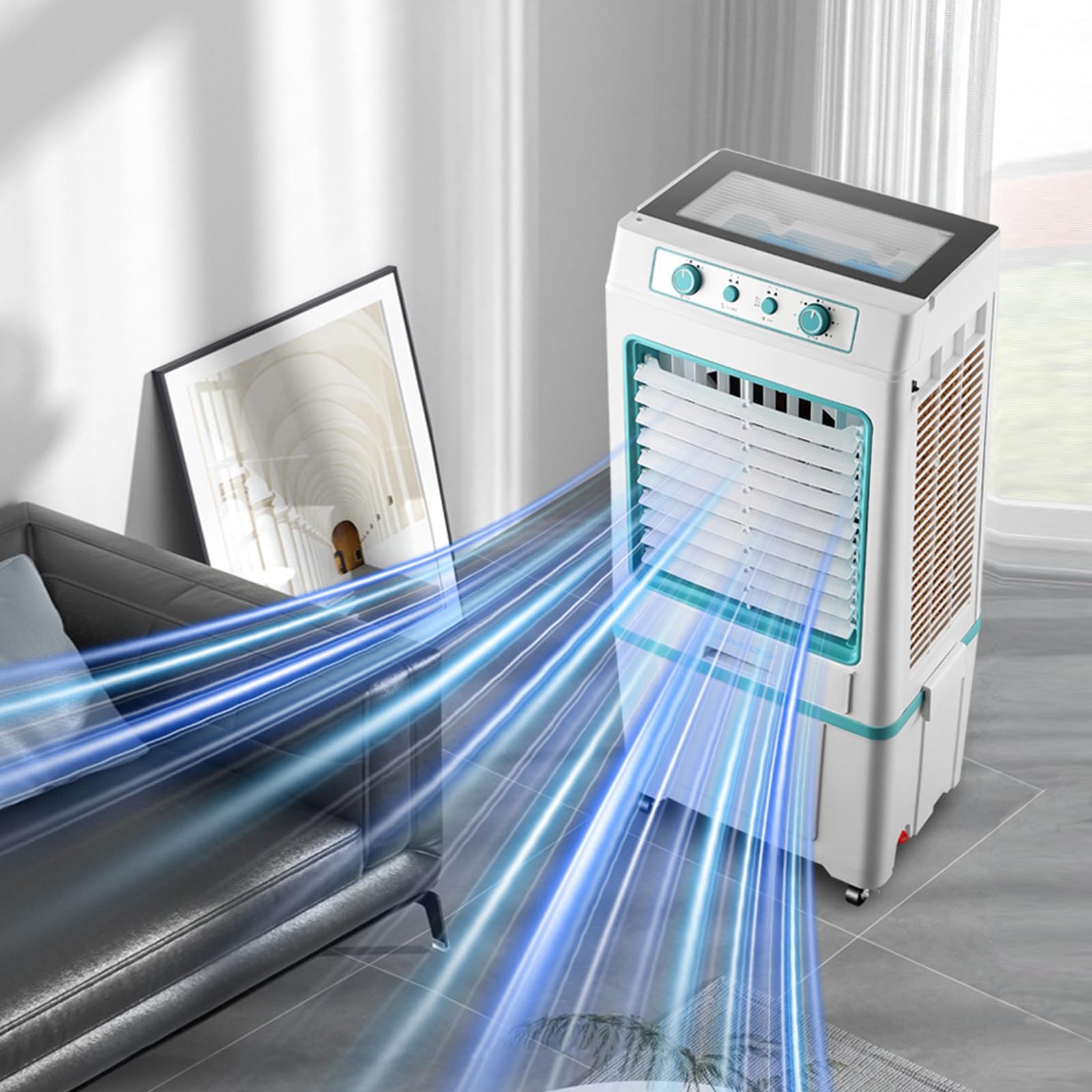 Enfriador de Aire evaporativo portátil, Ventilador de refrigeración 3 en 1 con oscilación automática y función de humidificación para Uso en Interiores y Exteriores, Patios y g