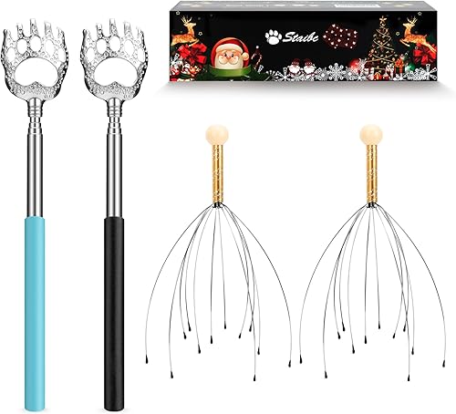 Rascador telescópico de espalda y masajeadores de cabeza de cuero cabelludo de mano, 2 piezas de rascadores de espalda y 2 piezas de masajeadores de