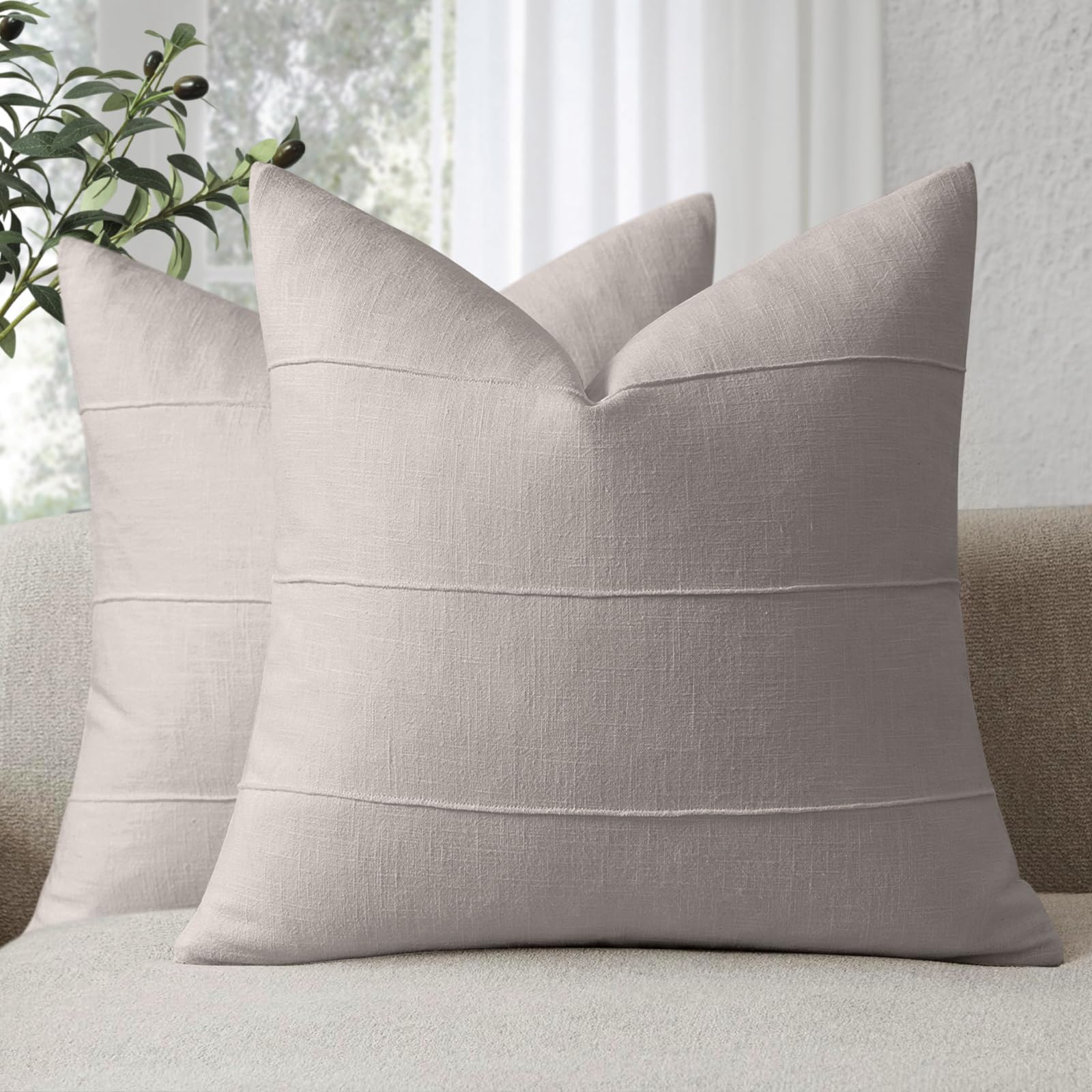 ZWJD Decorative Linen Cushion Covers 40x40 Set of 2 Solid Handcrafted Striped Throw Pillow Covers Soft Modern Farmhouse Neutral Cushion Covers for Sofa Bedroom Living Room Home Decor (Grey)