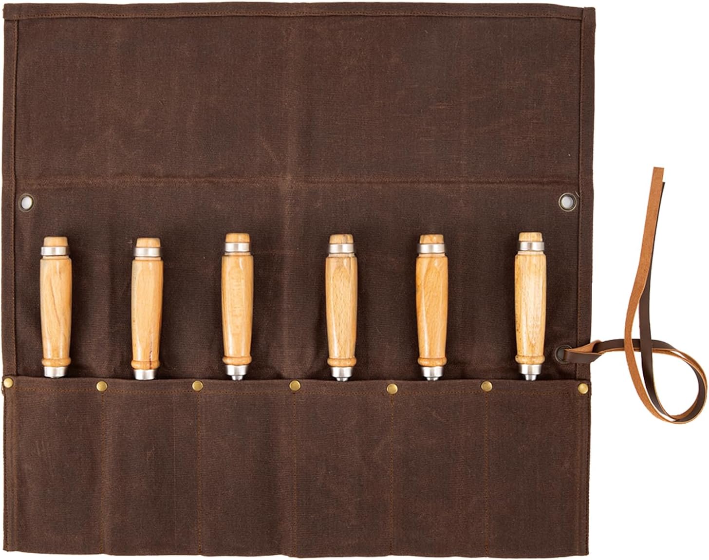 Chisel Roll,6 Pockets Roll Up Tool Pouch,Waxed Canvas Small Tool Roll Organizer and Wrench Roll Up Pouch,Store Chisel,Wrench,Pliers,Carving Knife (Brown)