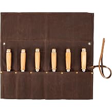 Chisel Roll,6 Pockets Roll Up Tool Pouch,Waxed Canvas Small Tool Roll Organizer and Wrench Roll Up Pouch,Store Chisel,Wrench,Pliers,Carving Knife Brown