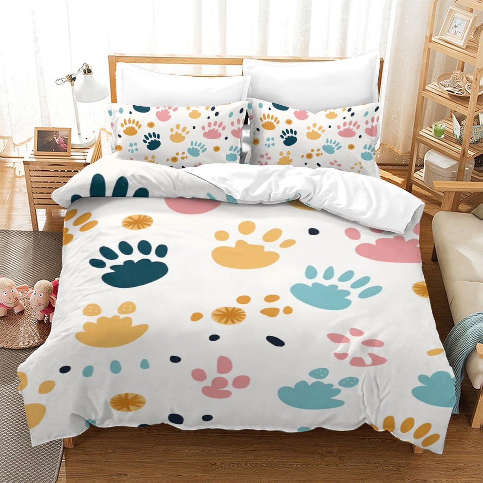 Parure de lit chien 3D housse de couette 140x200 cm avec 2 taies d'oreiller pour lit simple