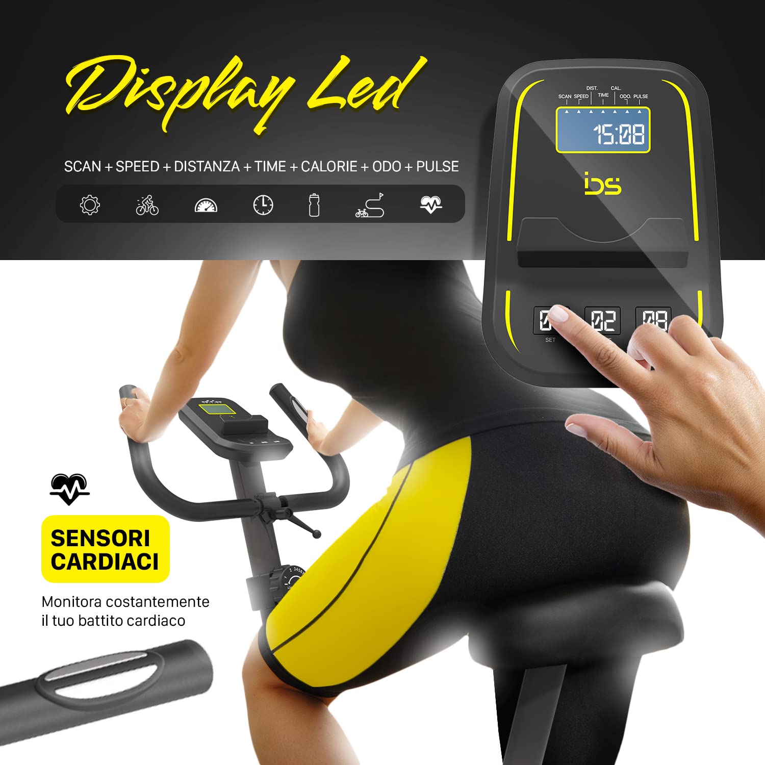 IDS Cyclette da Camera C100, Resistenza Magnetica 8 Livelli, Display Digitale Multifunzione, Sensori Cardio, Sella Regolabile Comfort XL, Pedali Tecnologia EasyFlow, Professionale, Sicura e Stabile