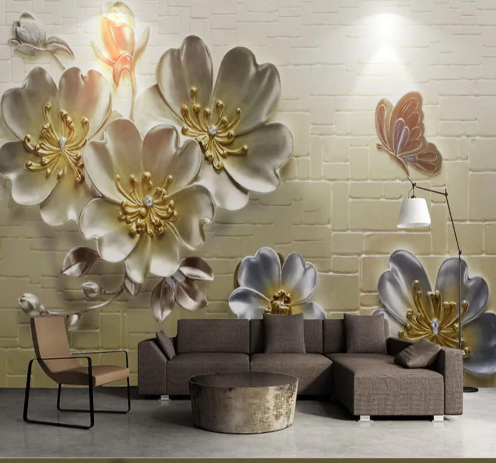 Wallpaper-3D-Xlm 250Cm×170Cm(B×H) Brick Wall Relief Exquisite Butterflies Flowers 3D Wallpaper Easy Install Feature Office Living Room Sofa Bedroom Tv Background Wall Decoration-250Cm×170Cm