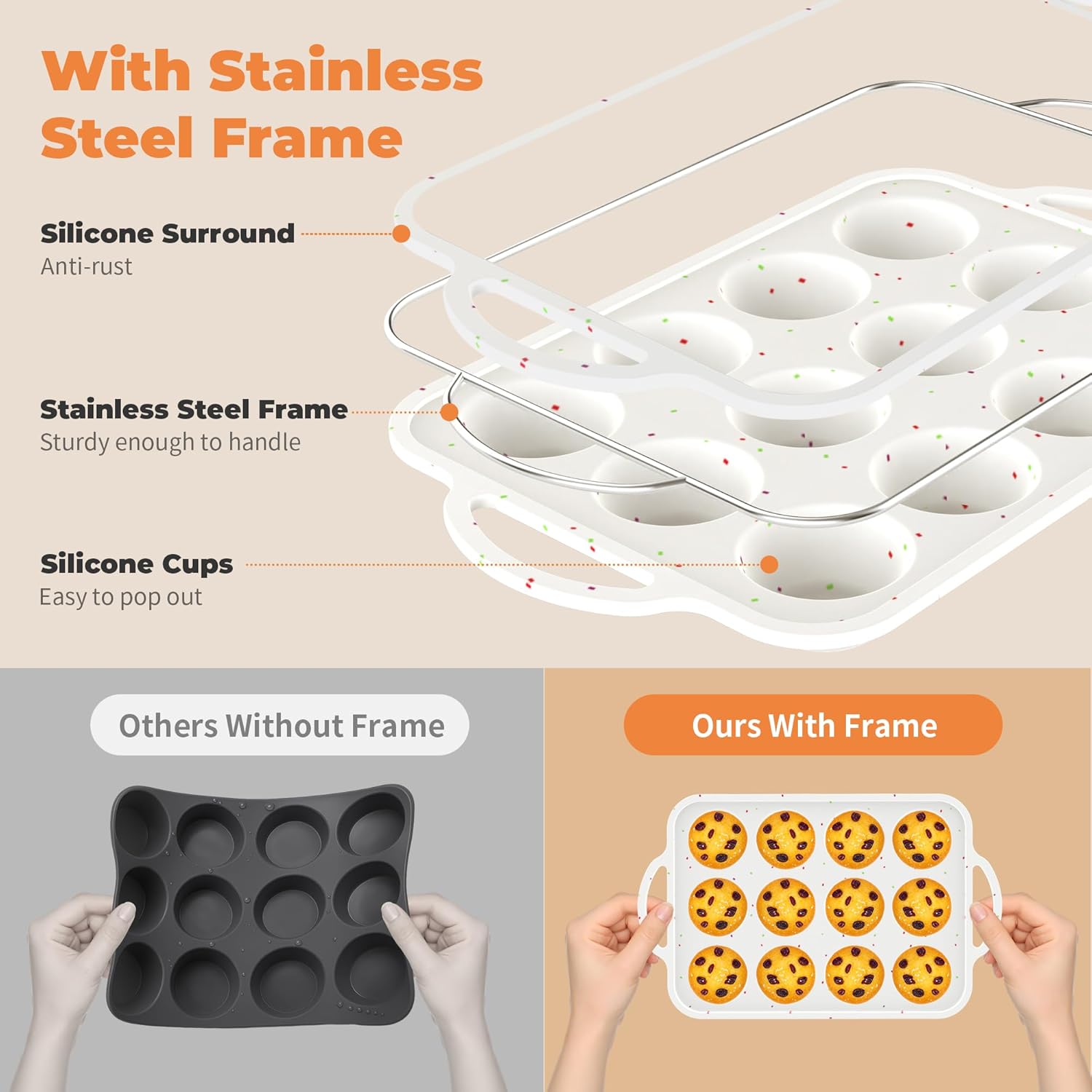 2Pack Silicone Muffin Pan For Baking With Metal Reinforced Frame, 12 Cup Regular Size Nonstick Cupcake Pan, BPA Free Silicone Muffin Tray, Cupcake Baking Pan Molds for Oven - Image 2
