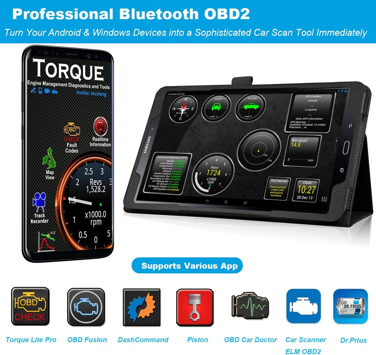 Kitbest Mini OBD2 Scanner Bluetooth for Android, Bluetooth OBD OBDII Car Scan Tool Auto Check Engine Light Code Reader